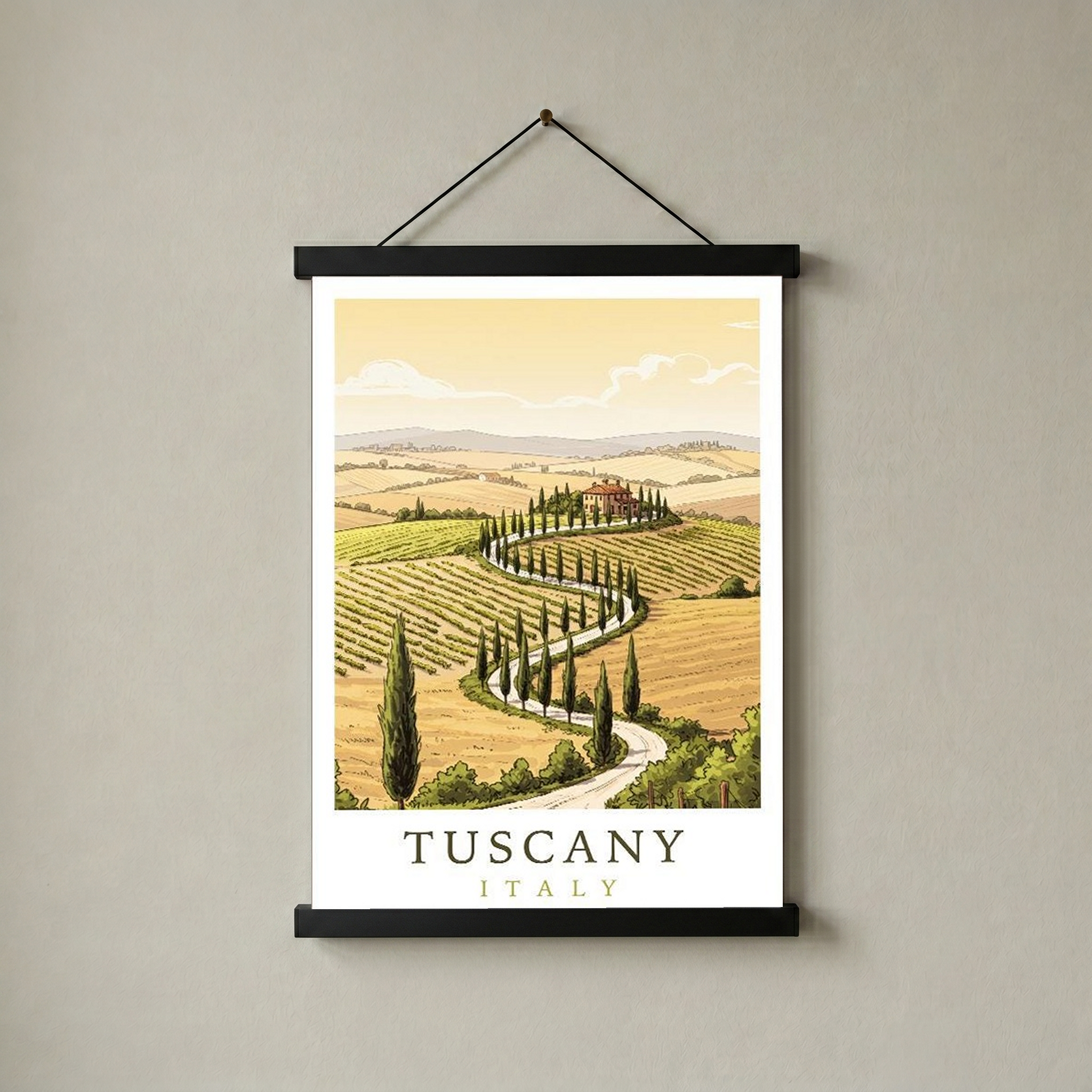 Tuscany Italy Travel Poster — Rolling Hills Cypress Vineyards Print