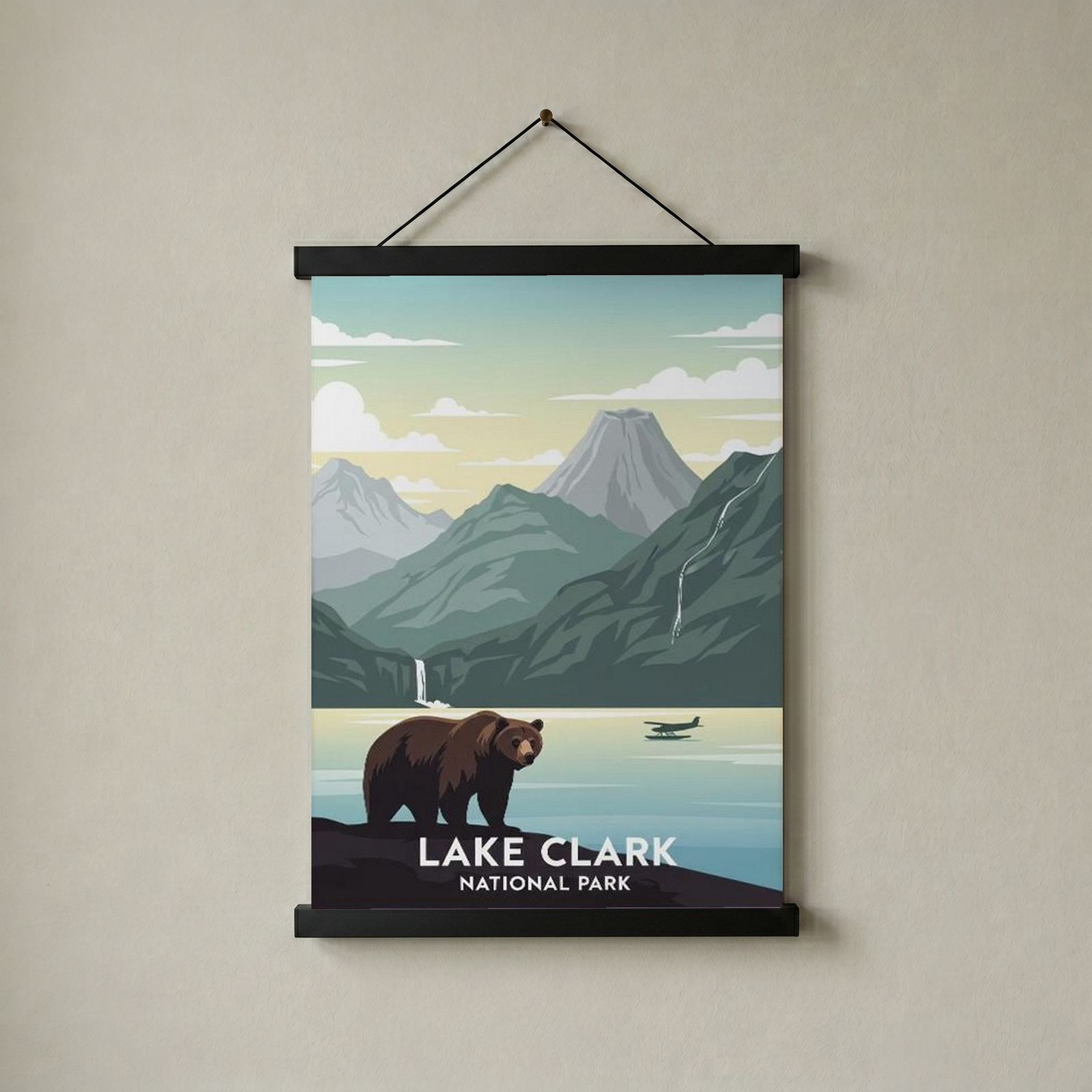 Lake Clark National Park Poster — Vintage Alaska Brown Bear Floatplane Print