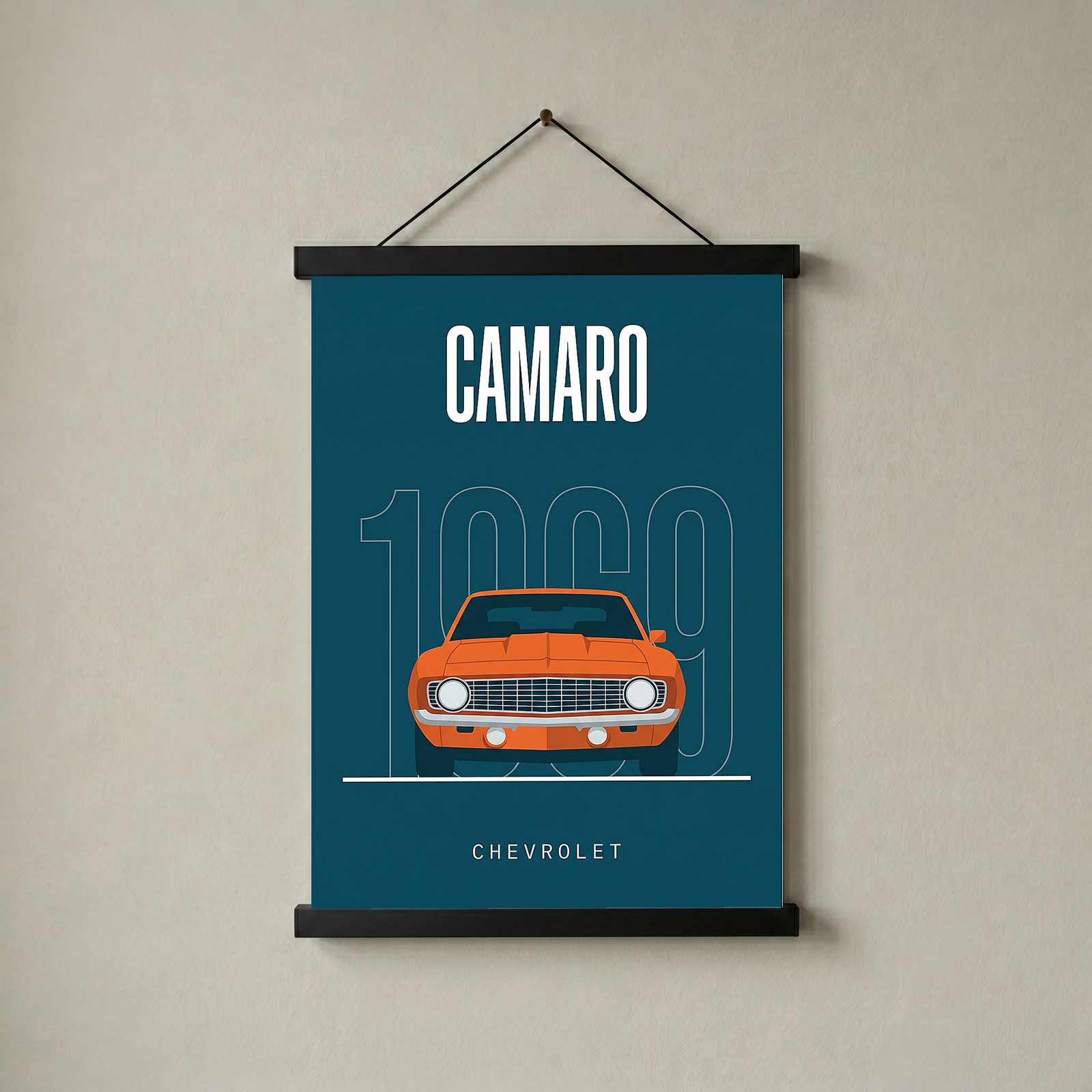 Chevrolet Camaro 1969 Minimalist Poster — Teal Muscle Car Line Art