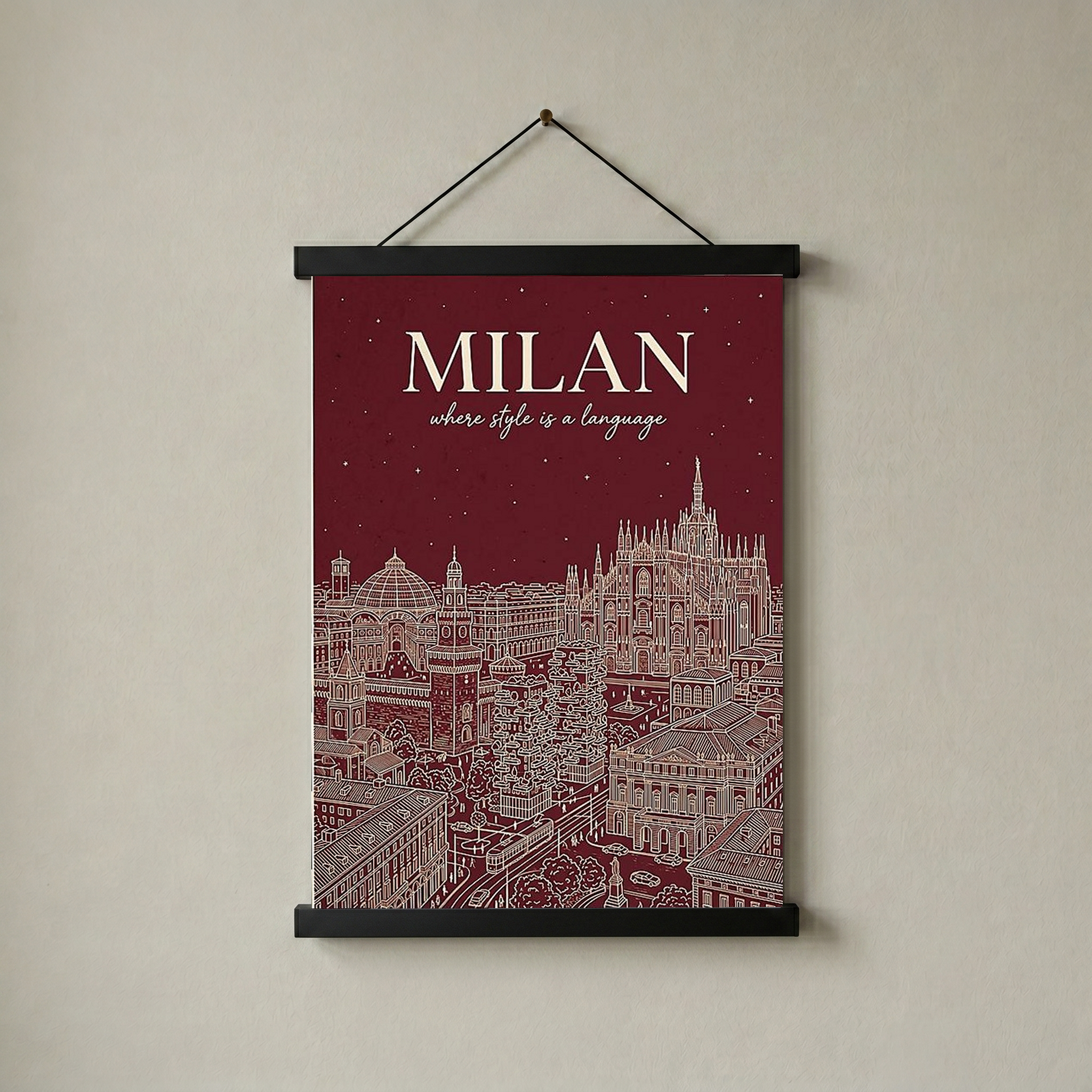 Milan Line Art Print — Wine Red Duomo Skyline Wall Art