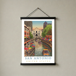 San Antonio Texas Travel Poster — Riverwalk Alamo Cityscape Print