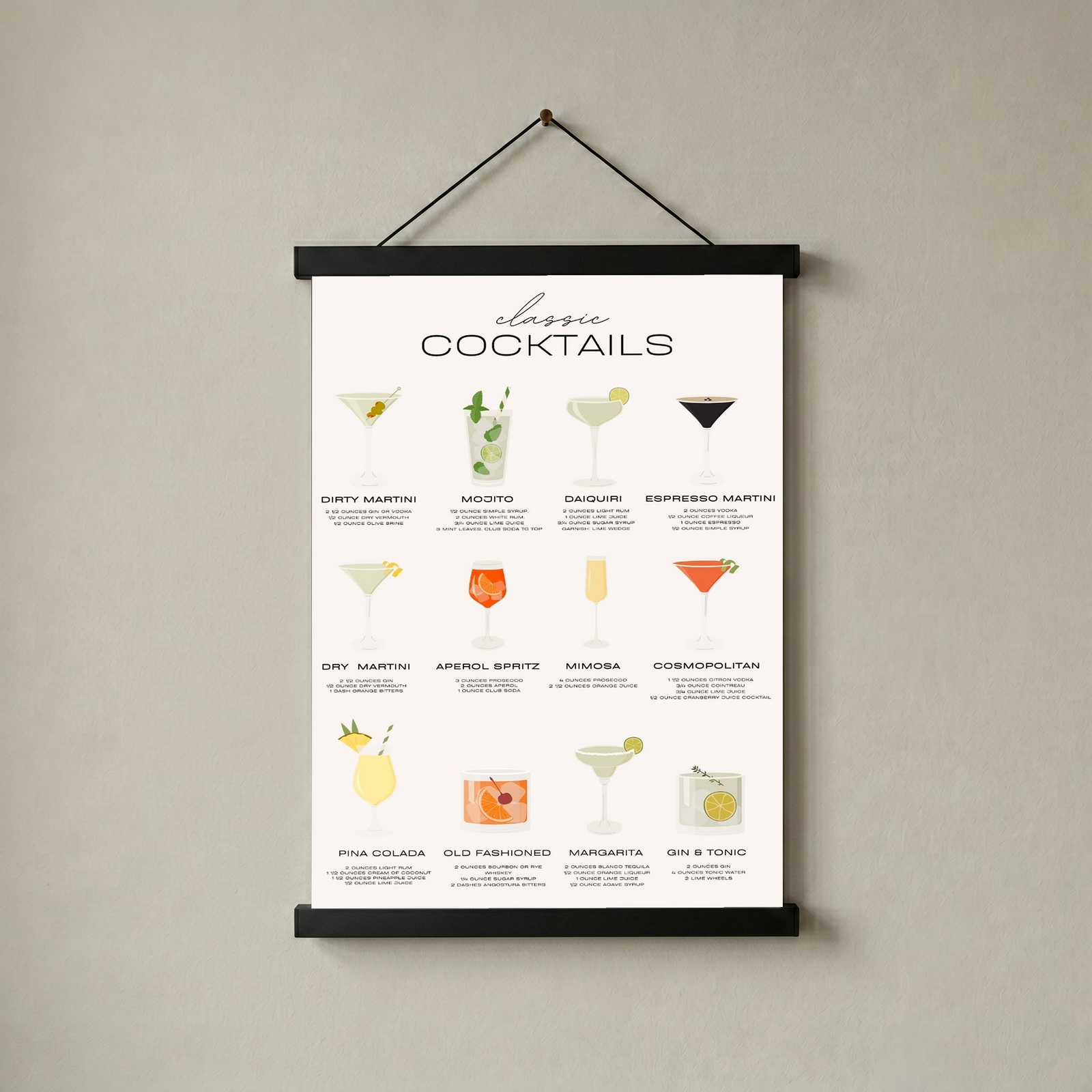 Classic Cocktails Wall Art Print — Vintage Bar Menu Poster