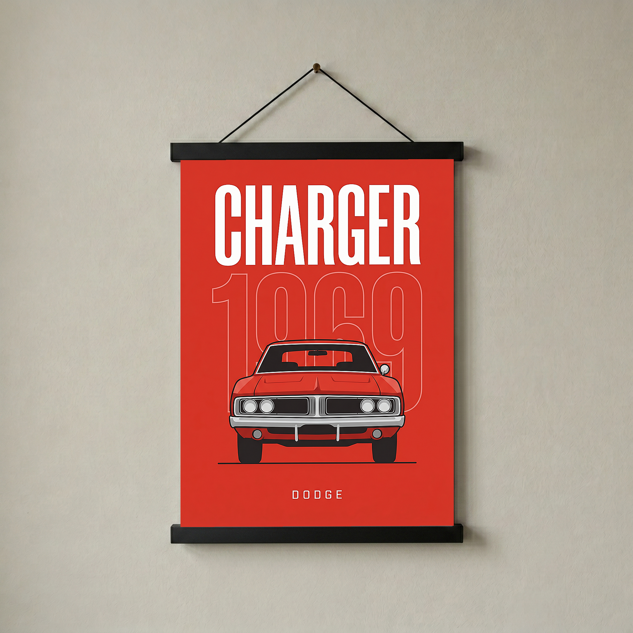 Dodge Charger 1969 Minimalist Poster — Red Muscle Car Line Art
