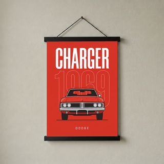 Dodge Charger 1969 Minimalist Poster — Red Muscle Car Line Art
