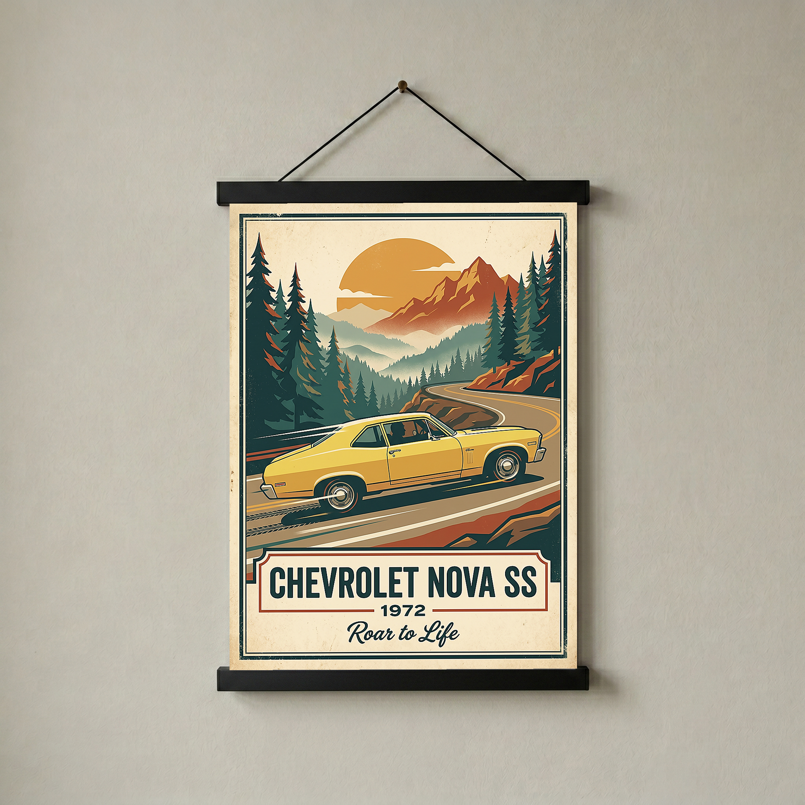 Chevrolet Nova SS 1972 V2 Poster — Vintage Muscle Mountain Pine Winding Road Print
