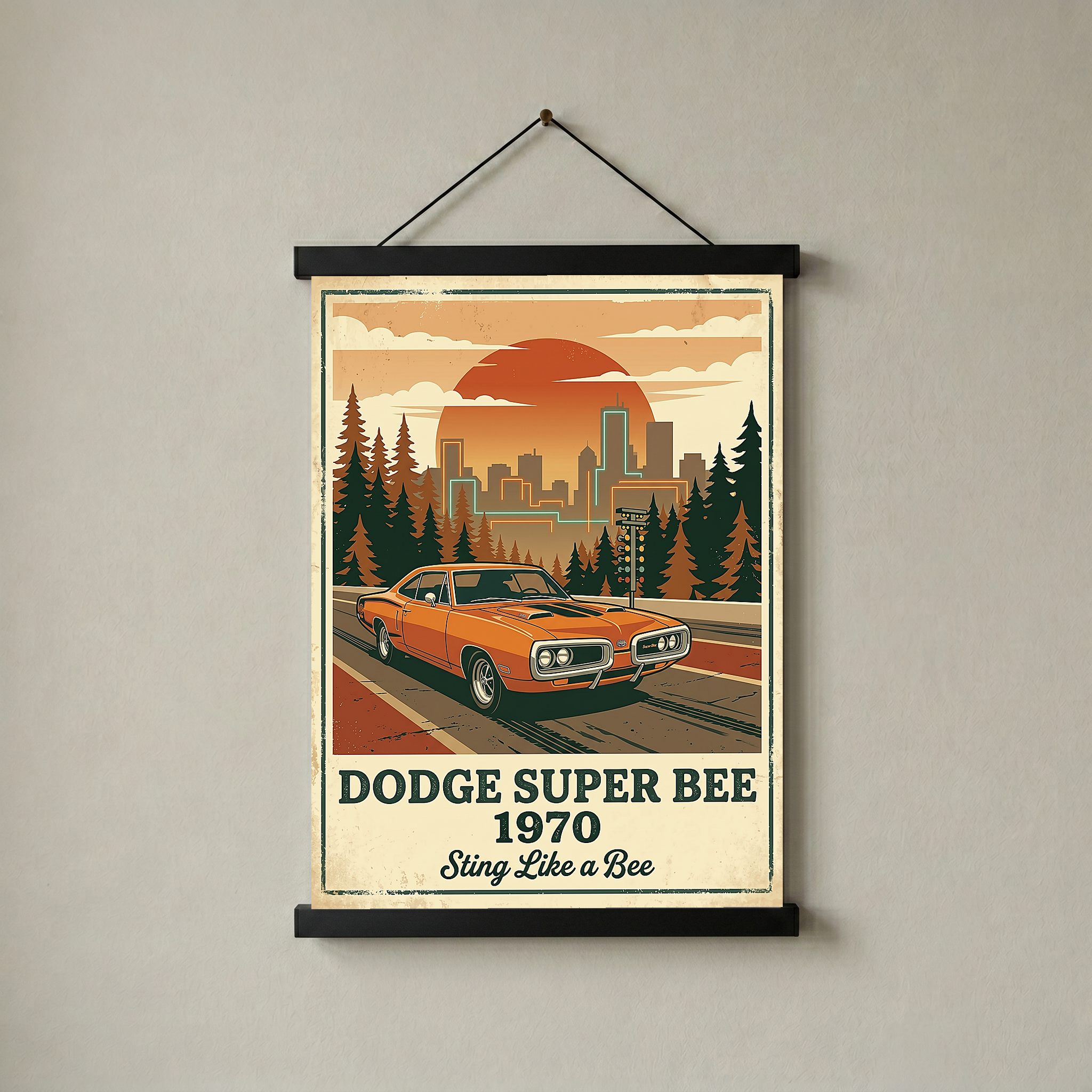 Dodge Super Bee 1970 Poster — Vintage Muscle Car City Skyline Print