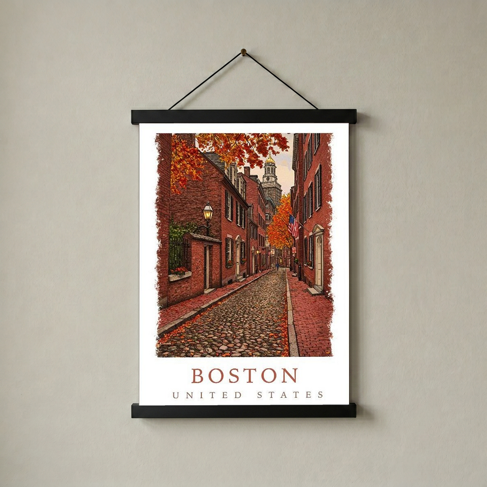 Boston USA Travel Poster — Acorn Street Beacon Hill Fall Foliage Print
