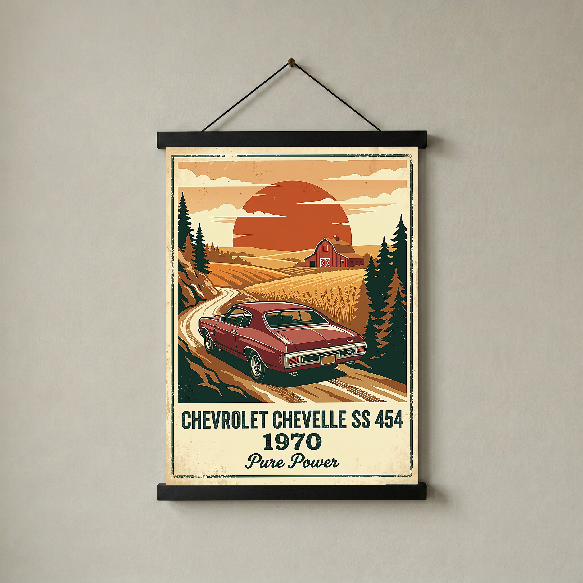 Chevrolet Chevelle SS 454 1970 V2 Poster — Vintage Muscle Car Wheat Field Sunset Print
