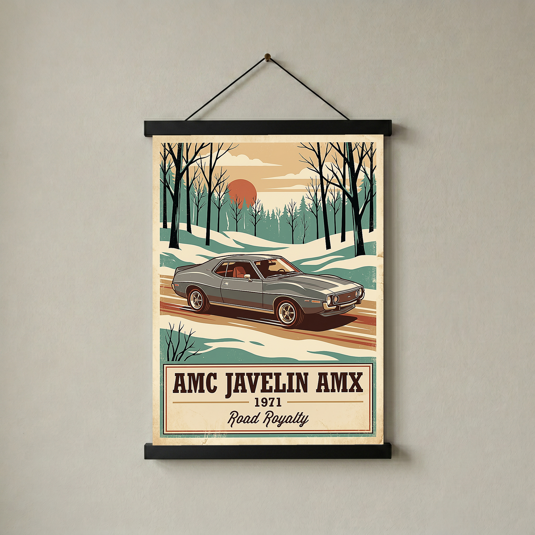 AMC Javelin AMX 1971 V2 Poster — Vintage Muscle Winter Snow Birch Forest Print