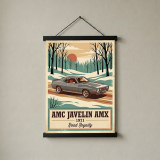 AMC Javelin AMX 1971 V2 Poster — Vintage Muscle Winter Snow Birch Forest Print