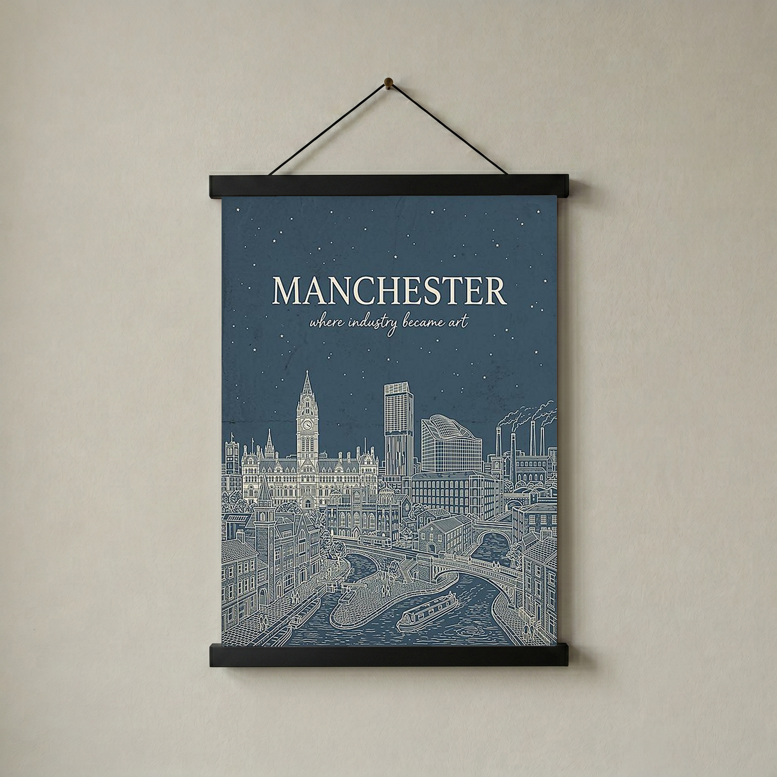 Manchester Line Art Print — Slate Blue Town Hall Industrial Skyline Wall Art