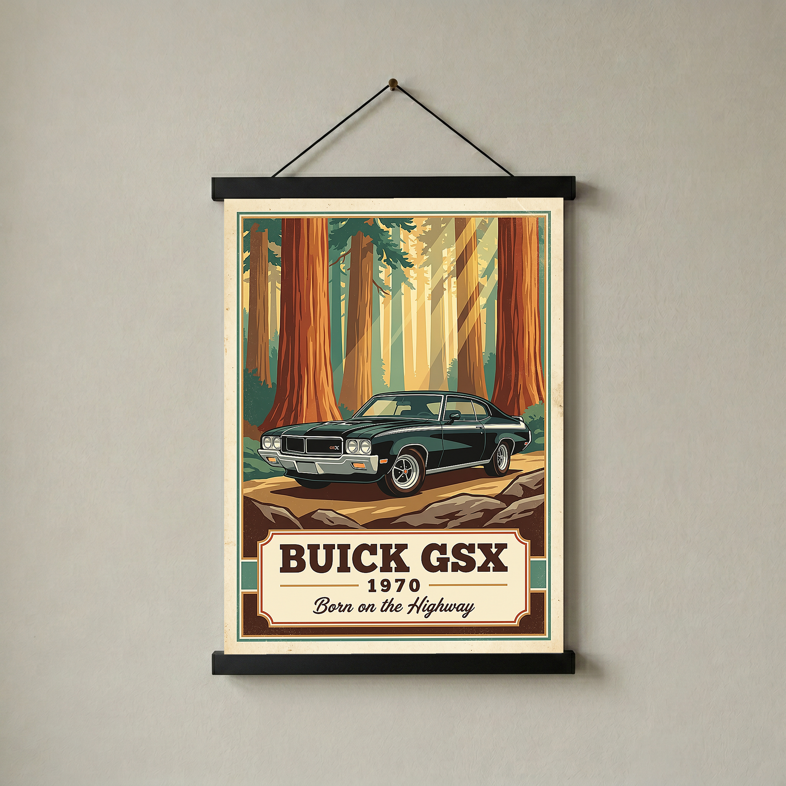 Buick GSX 1970 V2 Poster — Vintage Muscle Redwood Forest Light Beam Print
