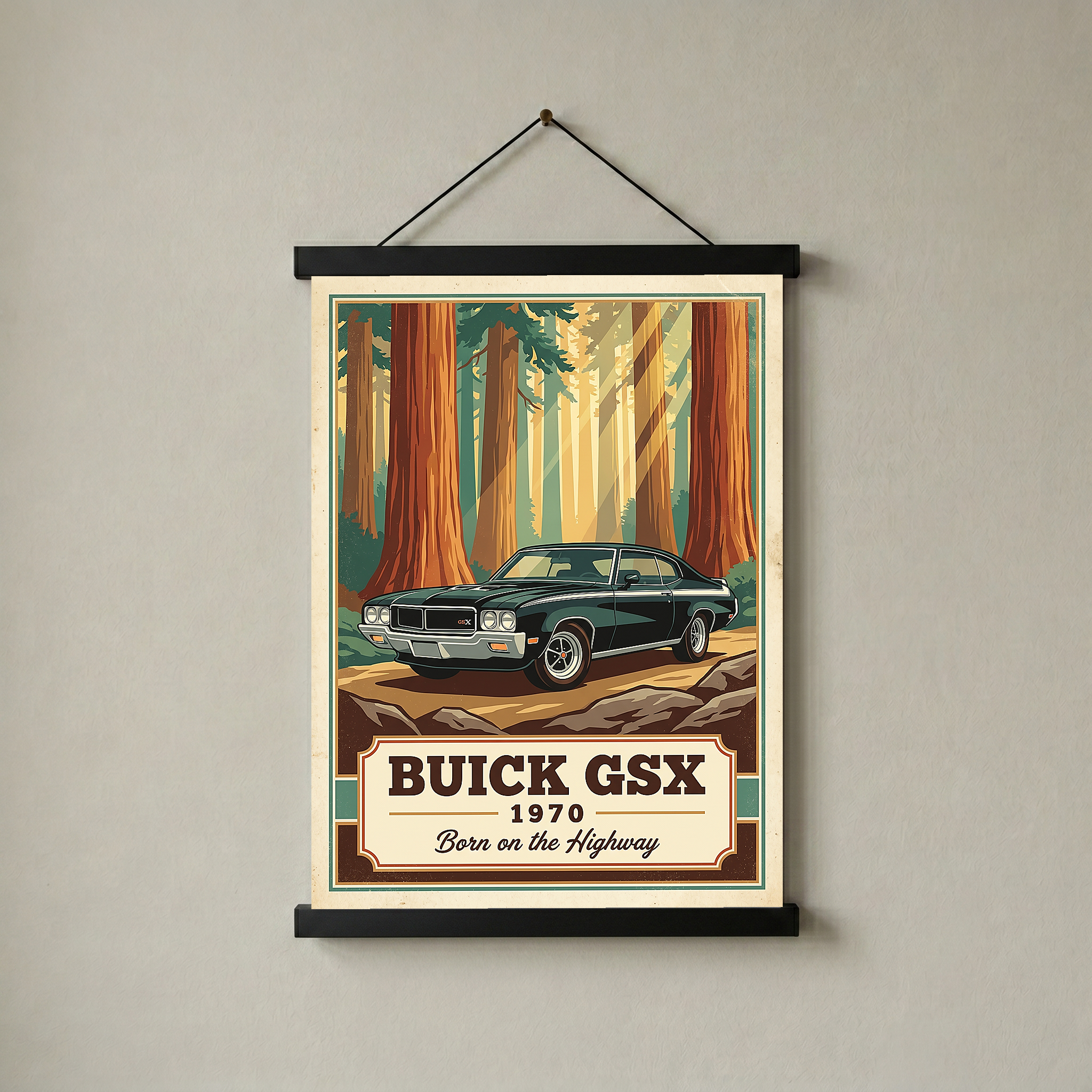 Buick GSX 1970 V2 Poster — Vintage Muscle Redwood Forest Light Beam Print