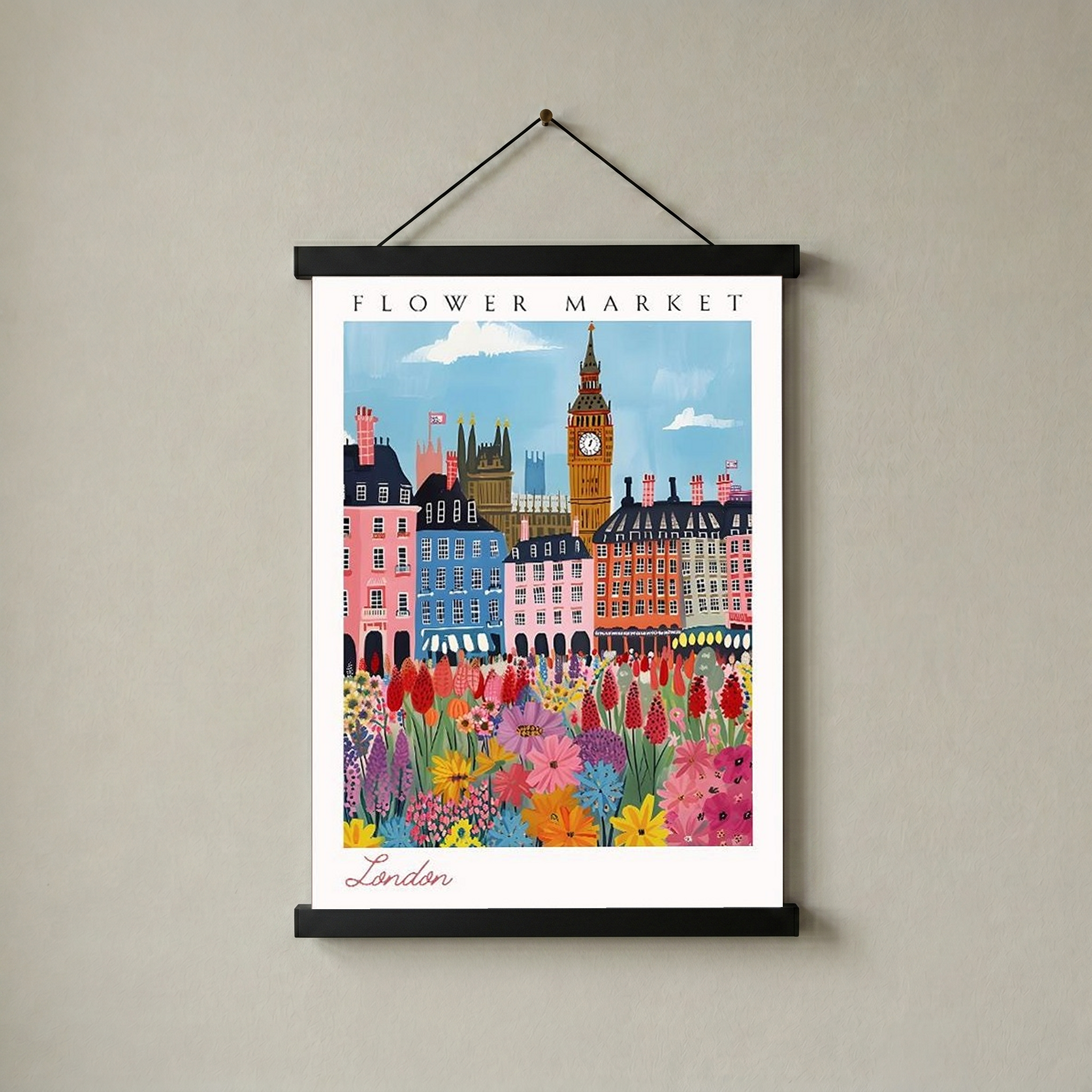 London Flower Market Print — Big Ben Cityscape British Botanical Art