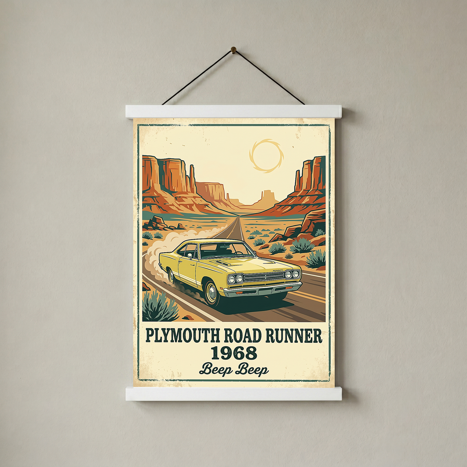 Plymouth Road Runner 1968 Poster — Vintage Muscle Car Monument Valley Print