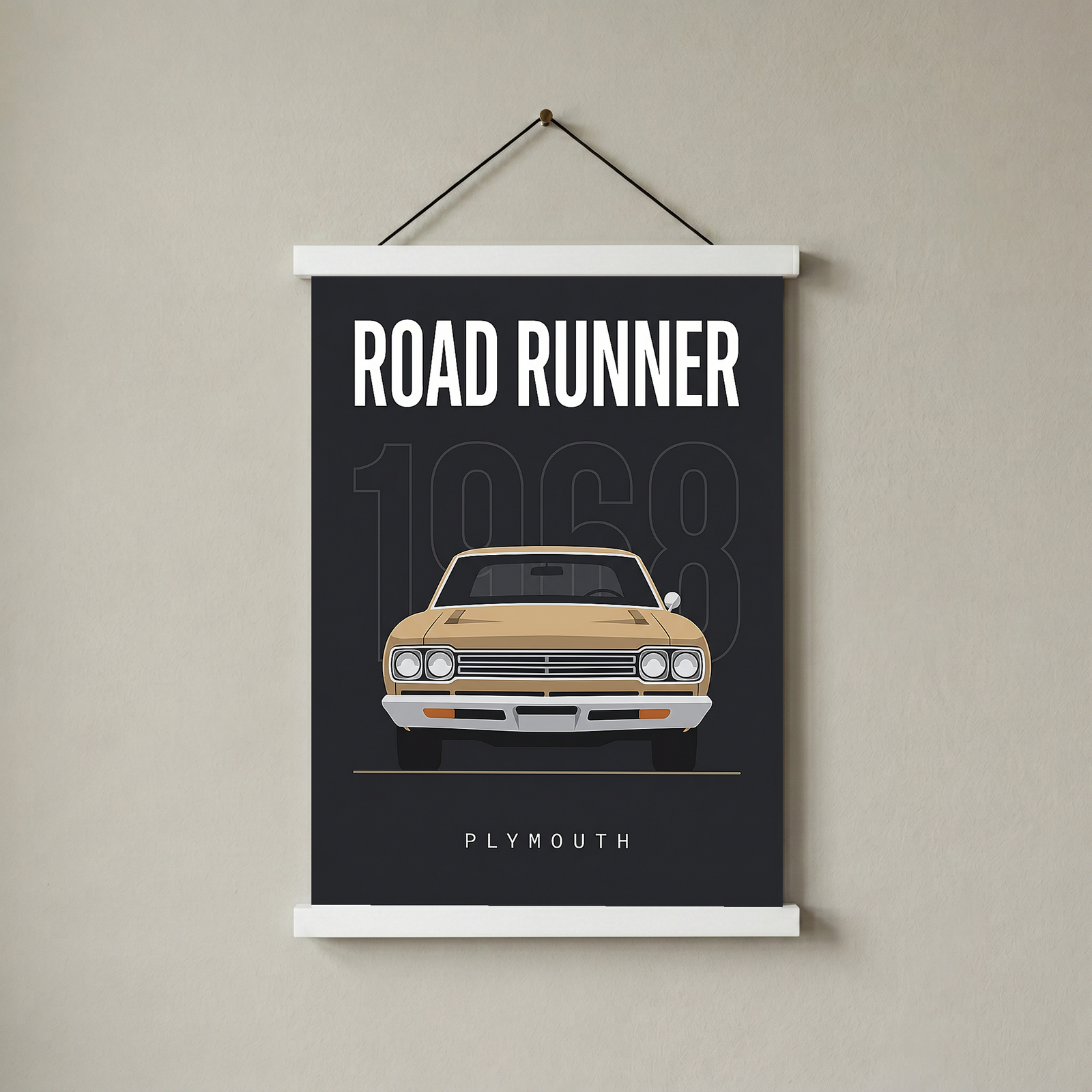 Plymouth Road Runner 1968 V2 Minimalist Poster — Sand on Charcoal Muscle Line Art