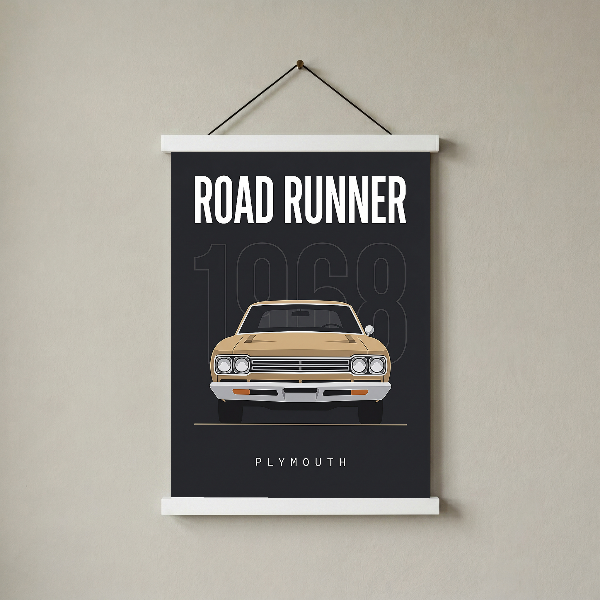 Plymouth Road Runner 1968 V2 Minimalist Poster — Sand on Charcoal Muscle Line Art