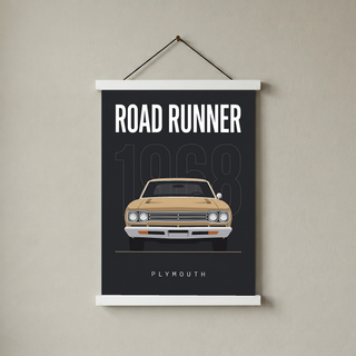 Plymouth Road Runner 1968 V2 Minimalist Poster — Sand on Charcoal Muscle Line Art