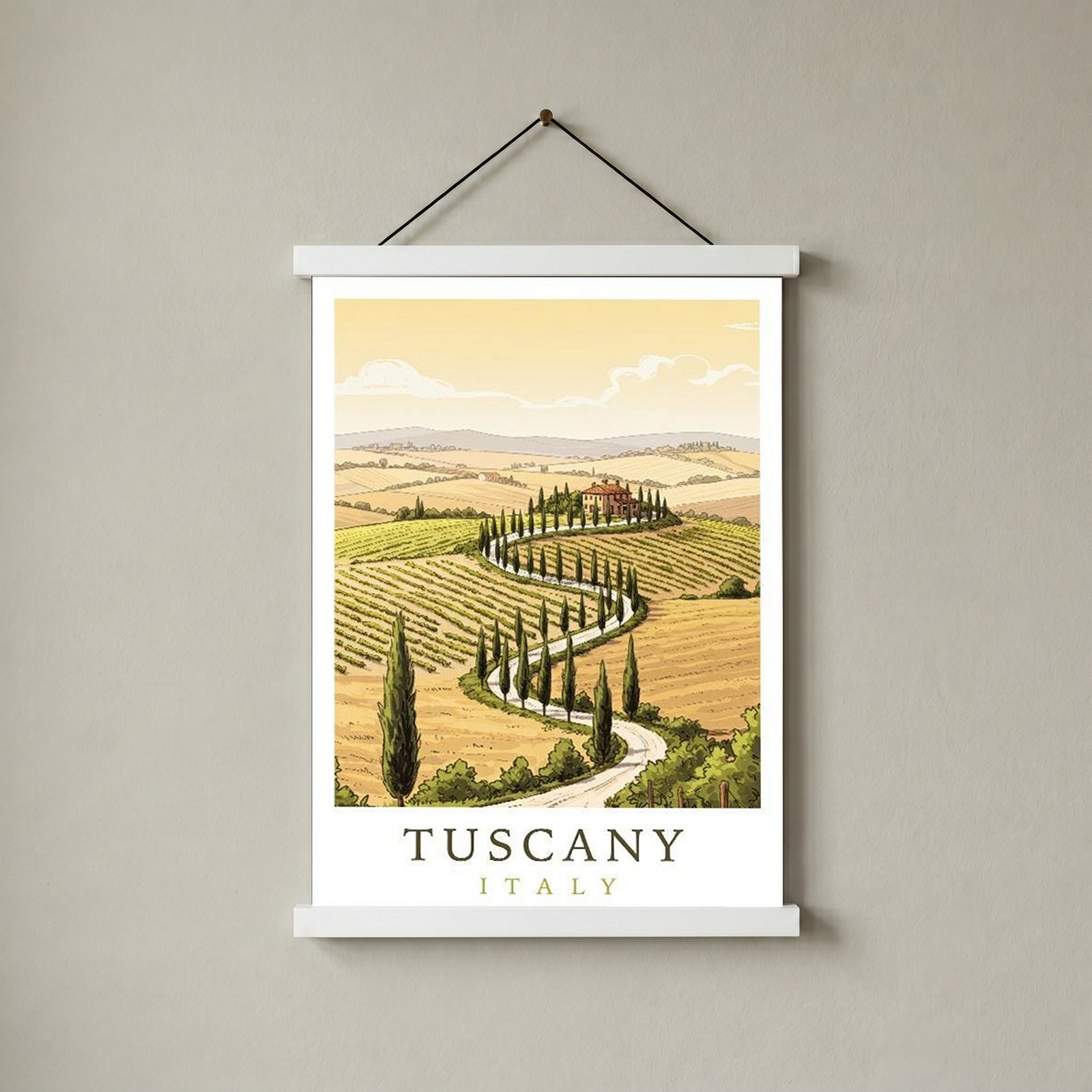 Tuscany Italy Travel Poster — Rolling Hills Cypress Vineyards Print
