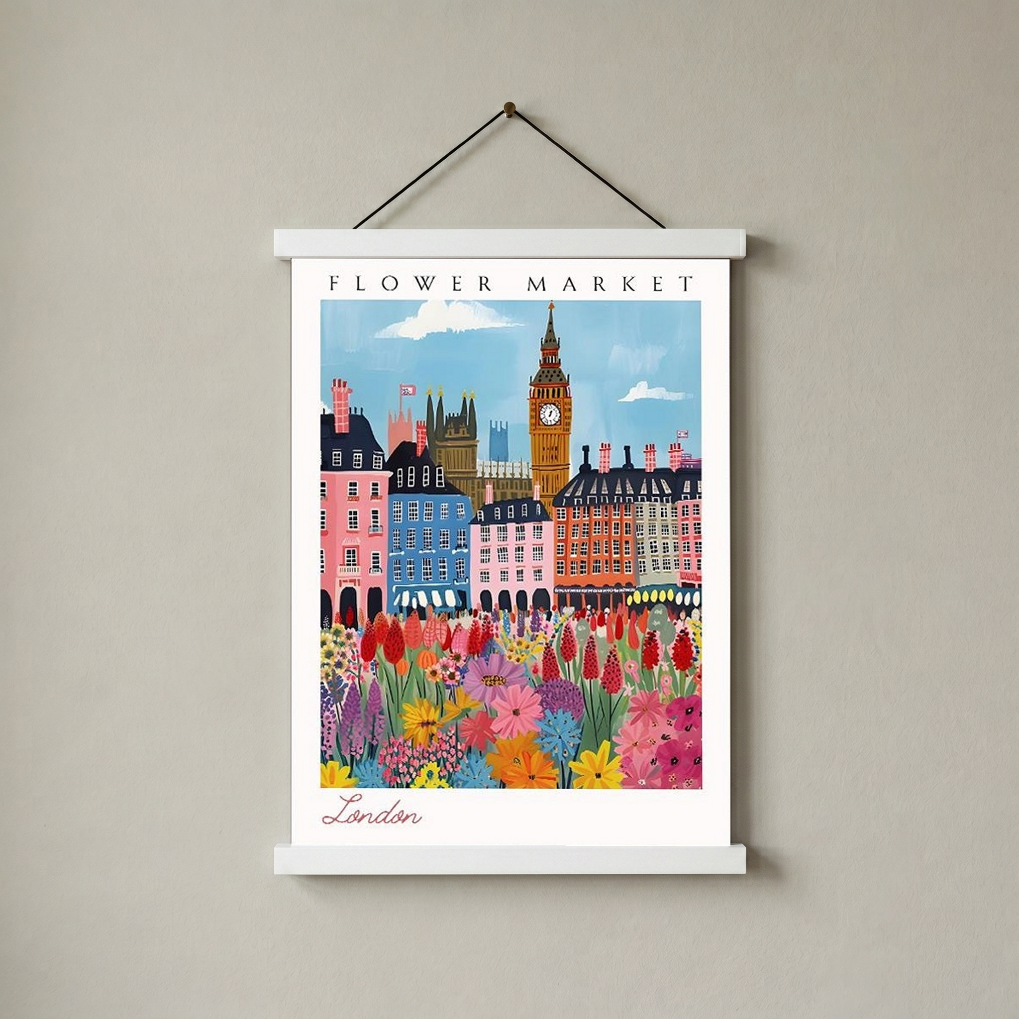 London Flower Market Print — Big Ben Cityscape British Botanical Art