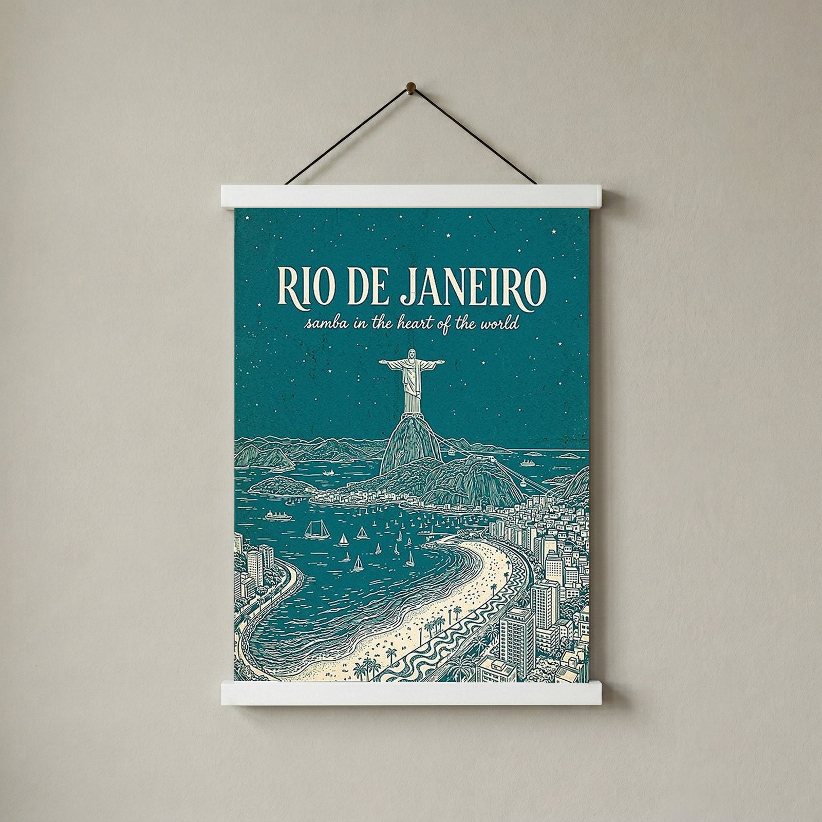 Rio de Janeiro Line Art Print — Teal Christ the Redeemer Copacabana Wall Art