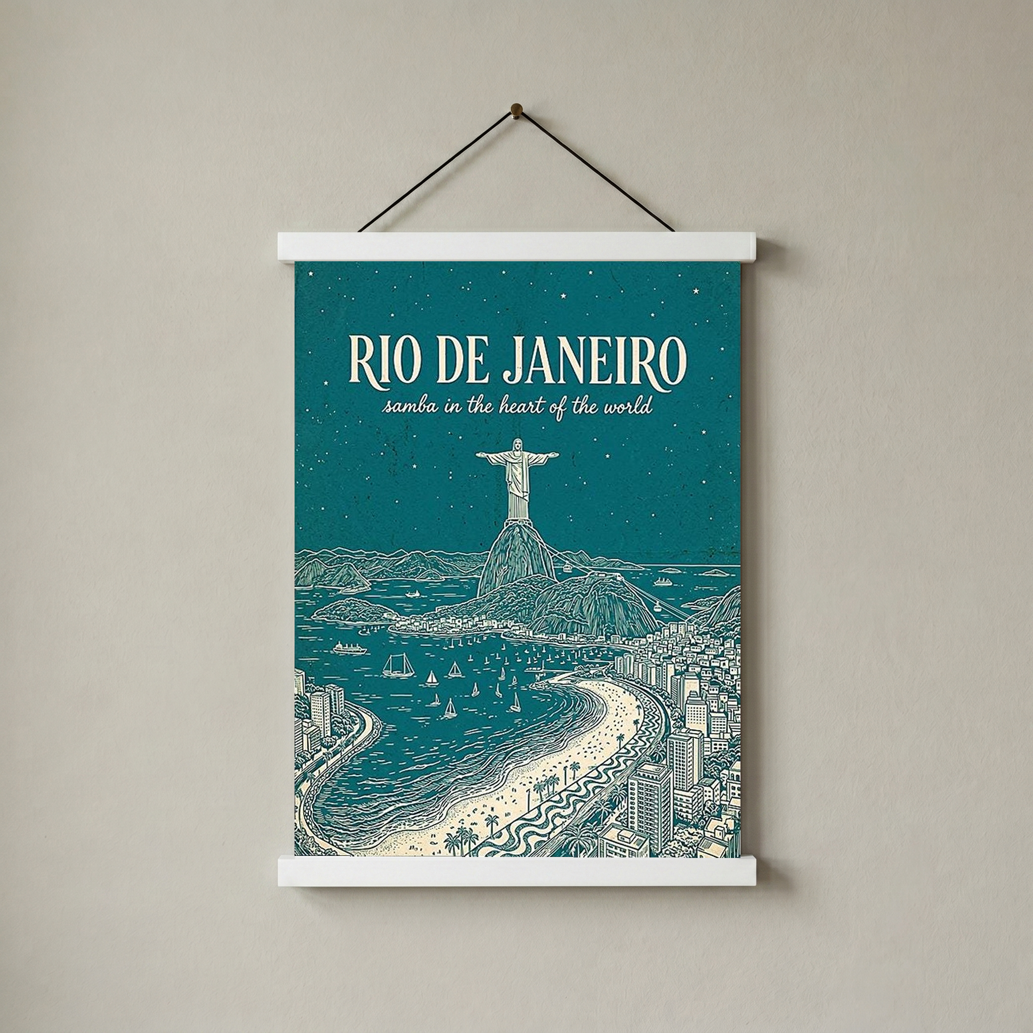 Rio de Janeiro Line Art Print — Teal Christ the Redeemer Copacabana Wall Art