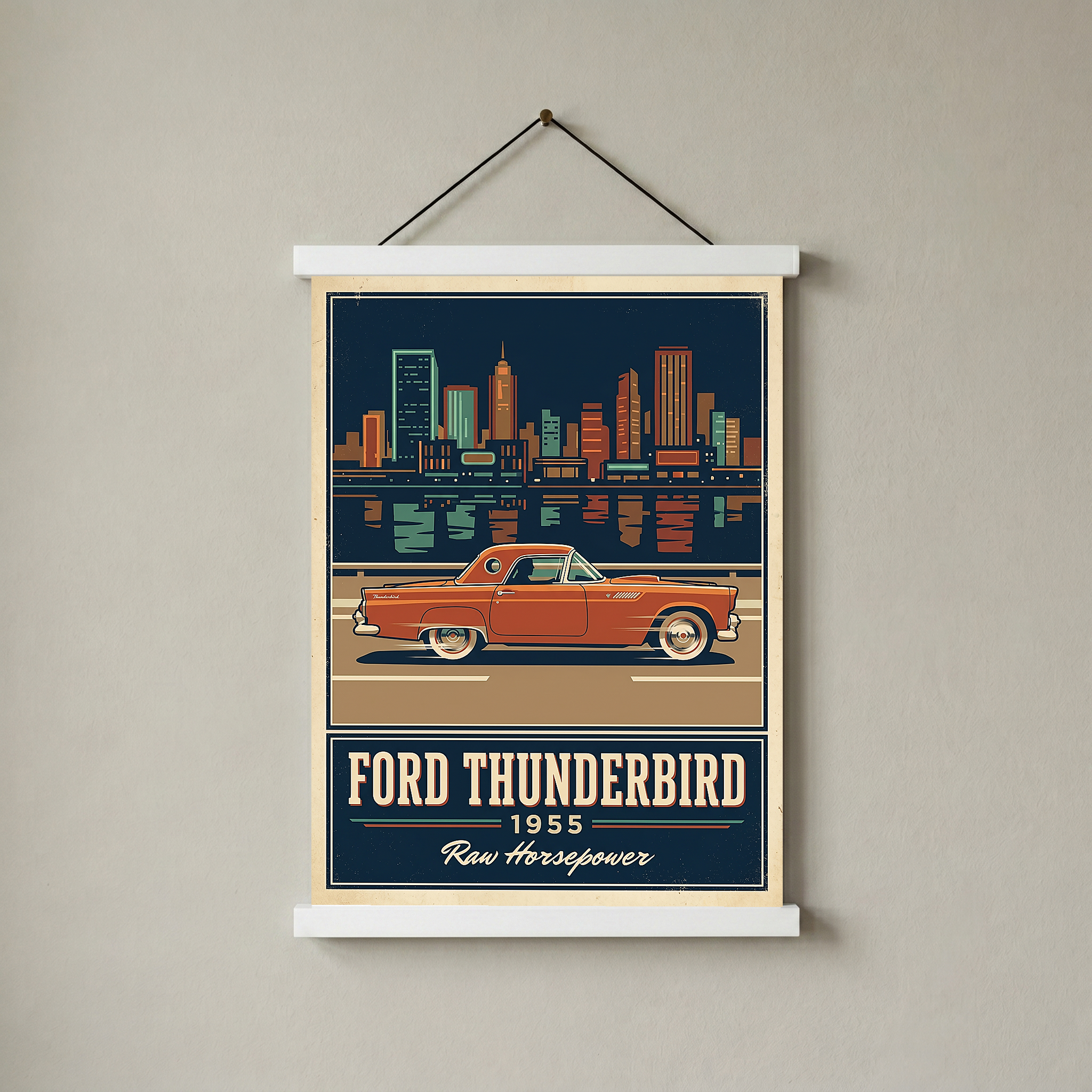 Ford Thunderbird 1955 Poster — Vintage Two-Seater Convertible City Skyline Print
