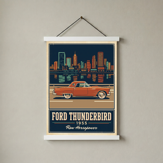 Ford Thunderbird 1955 Poster — Vintage Two-Seater Convertible City Skyline Print