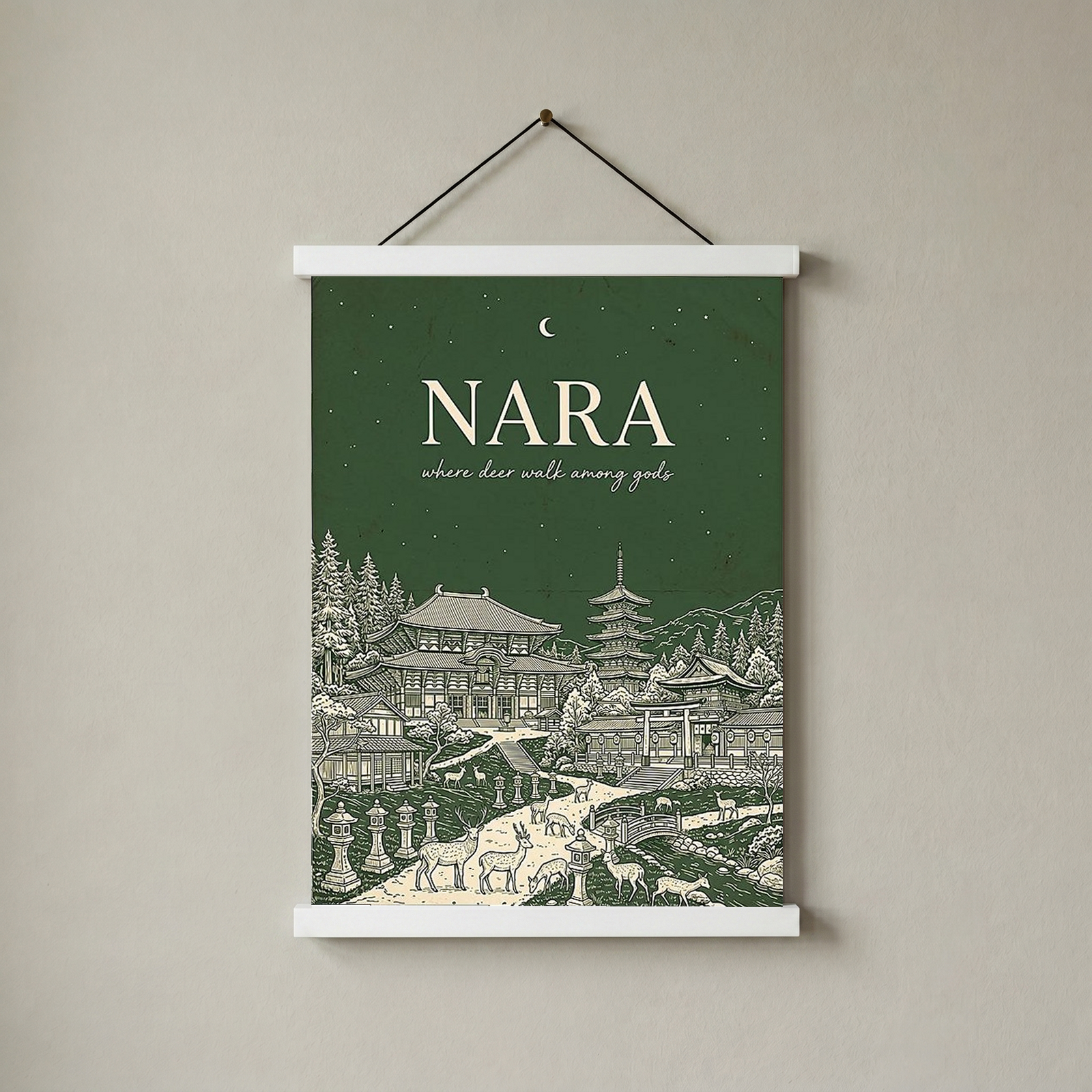 Nara Line Art Print — Forest Green Tōdai-ji Temple Pagoda Deer Wall Art