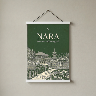 Nara Line Art Print — Forest Green Tōdai-ji Temple Pagoda Deer Wall Art