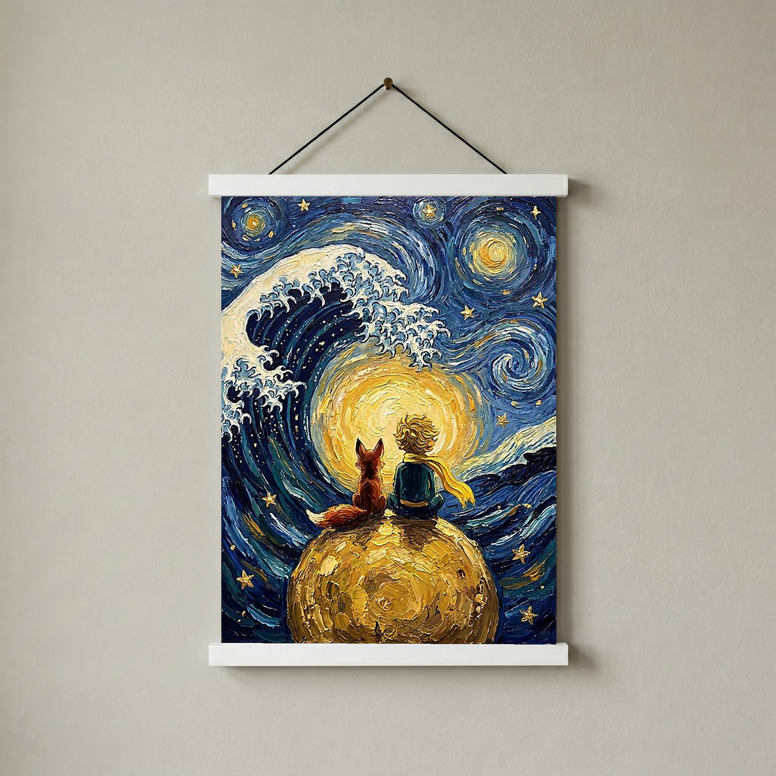 Little Prince Fox &amp; Planet Print — Van Gogh-Style Nursery Wall Art