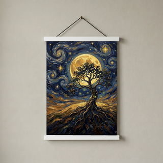 Tree of Life Full Moon Print — Van Gogh-Style Mystical Spiritual Wall Art