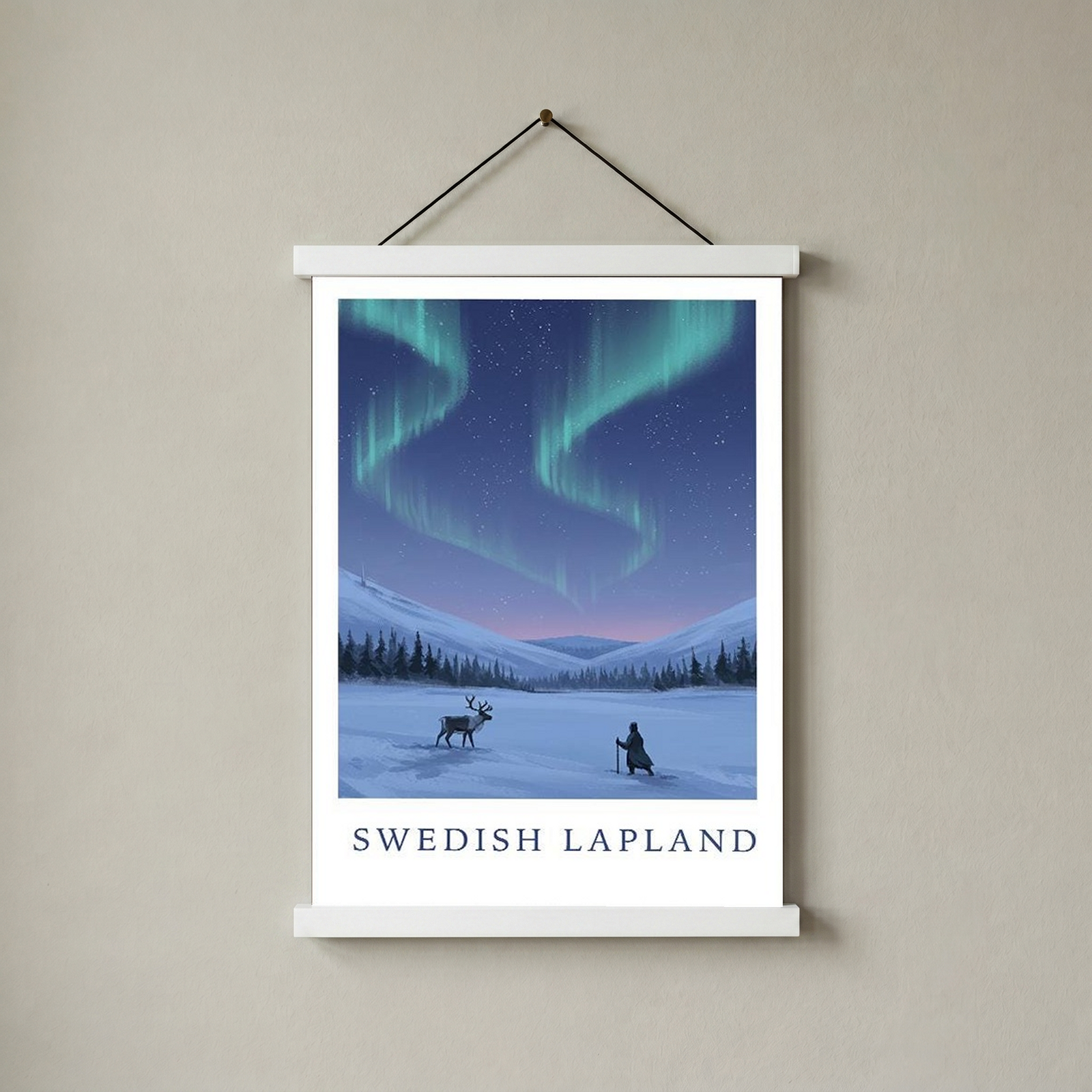 Swedish Lapland Travel Poster — Northern Lights Reindeer Sami Print