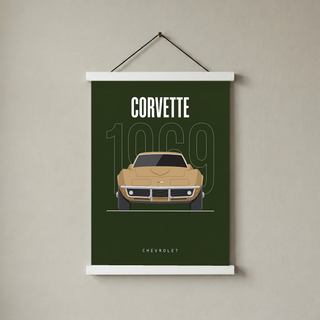 Chevrolet Corvette 1969 Minimalist Poster — Forest Green Muscle Car Line Art