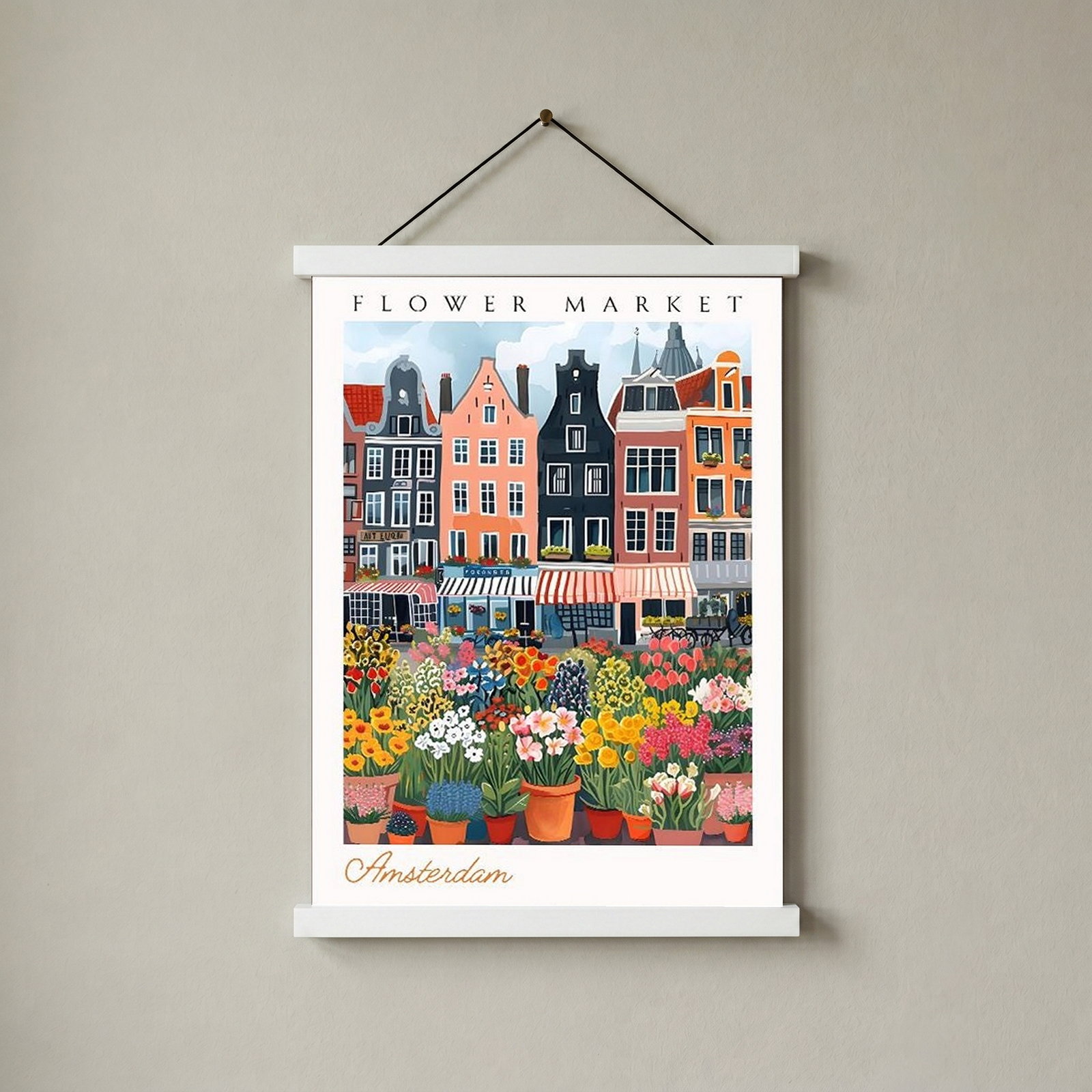 Amsterdam Flower Market Print — Canal Houses Tulip Cityscape Art