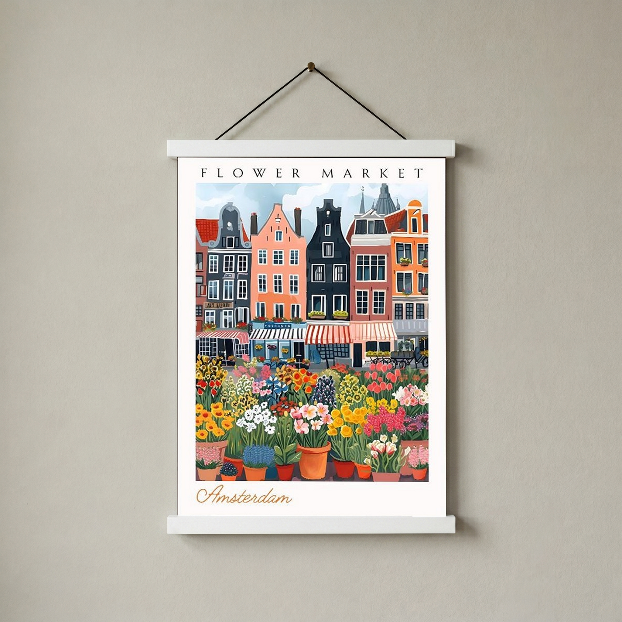Amsterdam Flower Market Print — Canal Houses Tulip Cityscape Art