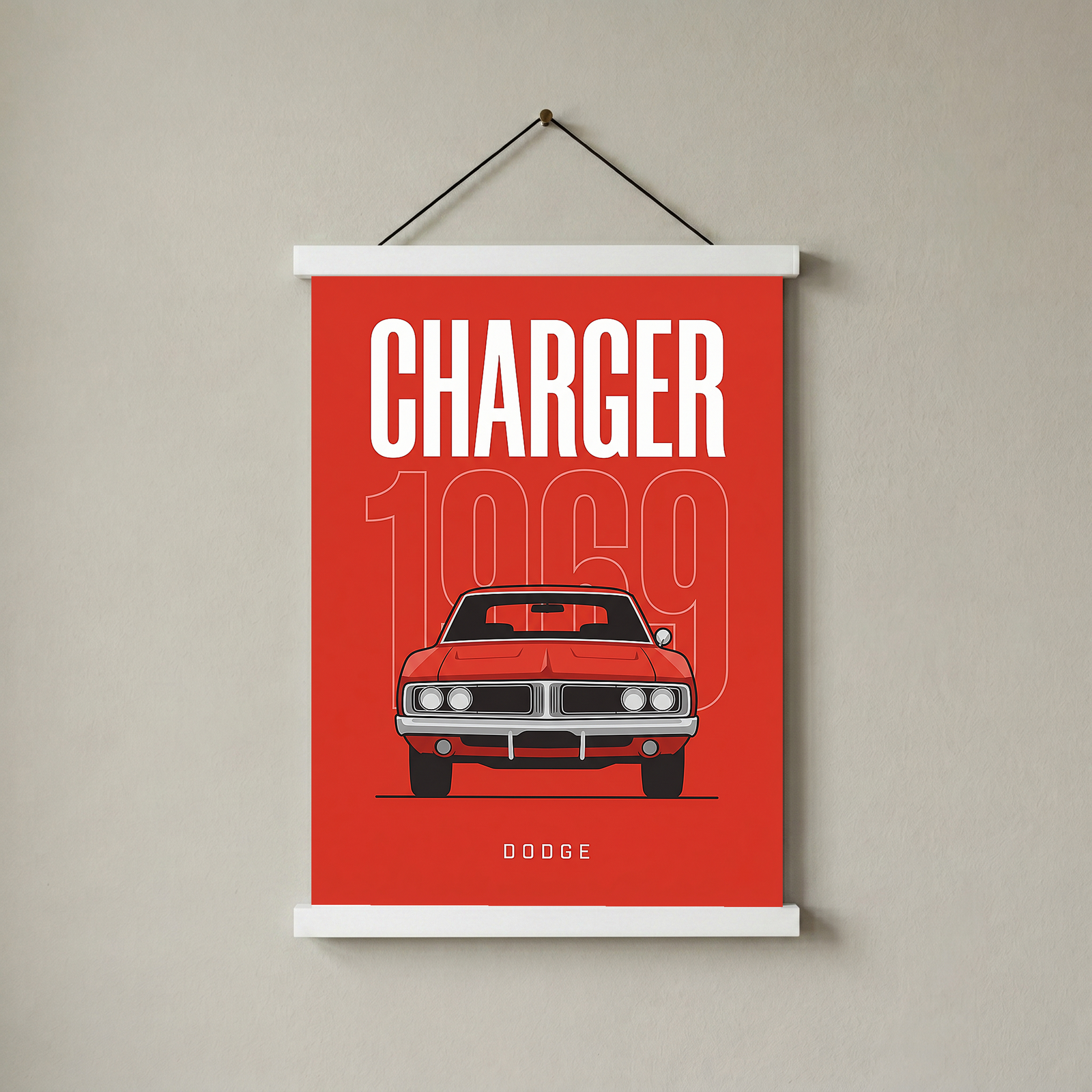 Dodge Charger 1969 Minimalist Poster — Red Muscle Car Line Art