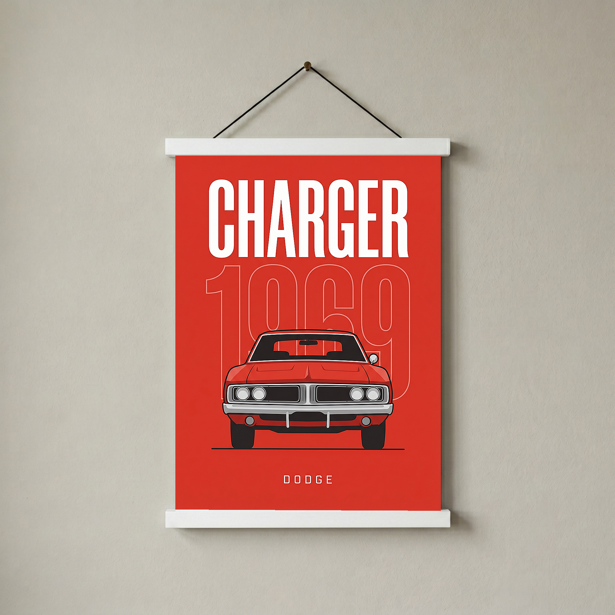 Dodge Charger 1969 Minimalist Poster — Red Muscle Car Line Art