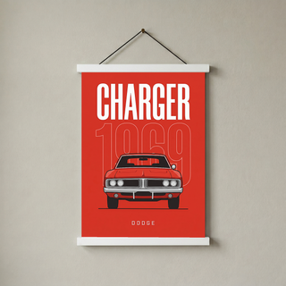 Dodge Charger 1969 Minimalist Poster — Red Muscle Car Line Art