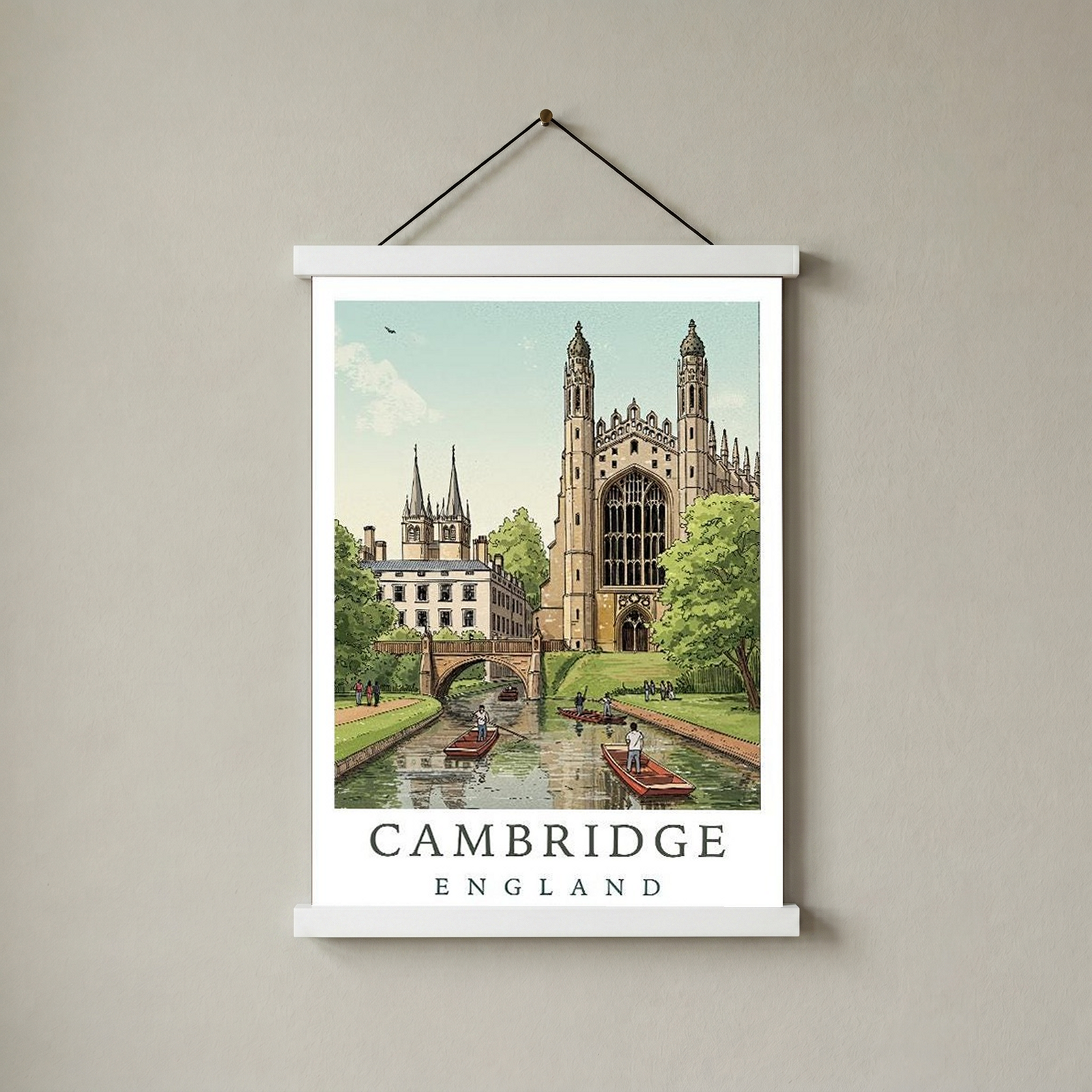 Cambridge England Travel Poster — King's College Punting River Cam Print