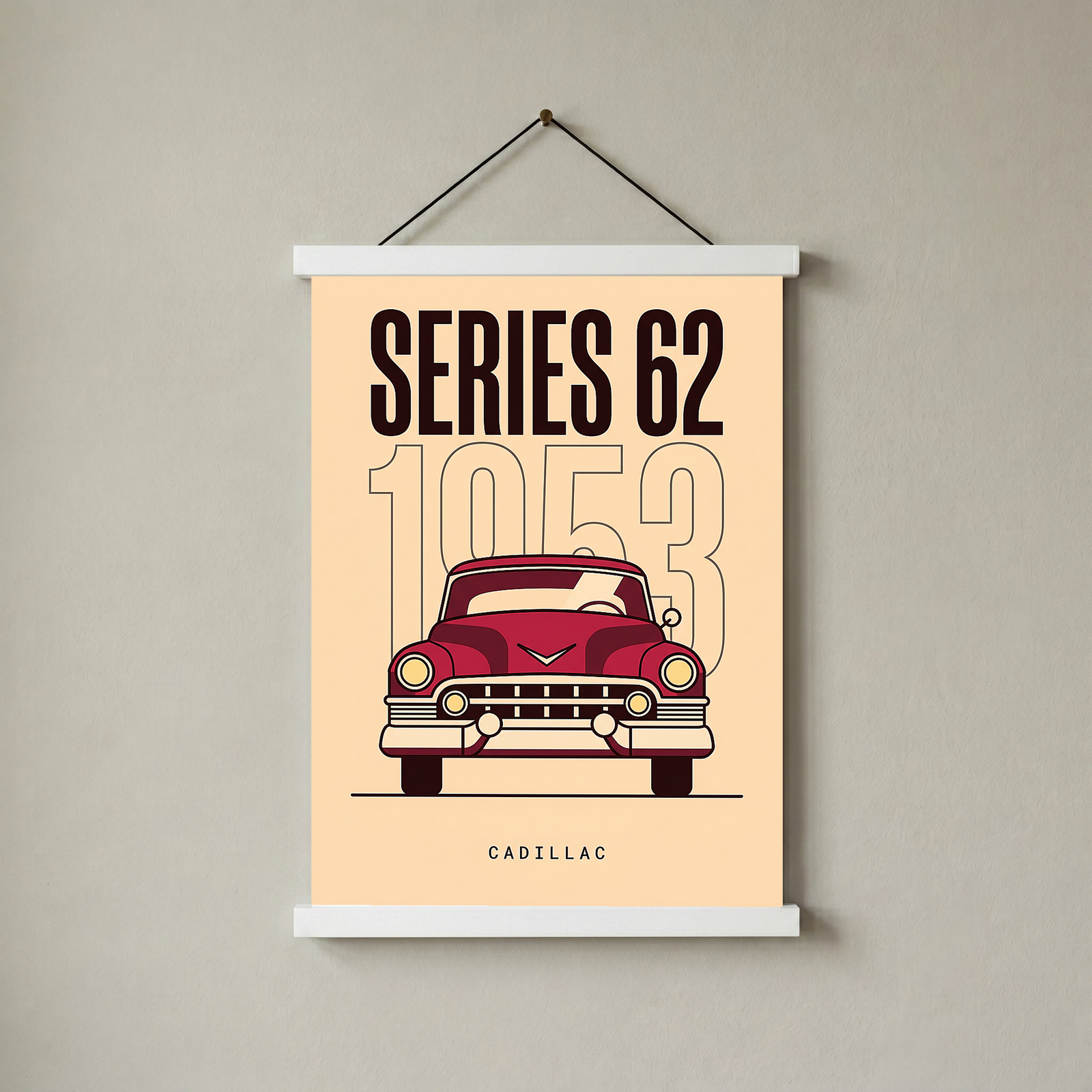 Cadillac Series 62 1953 Minimalist Poster — Cream Classic Car Line Art