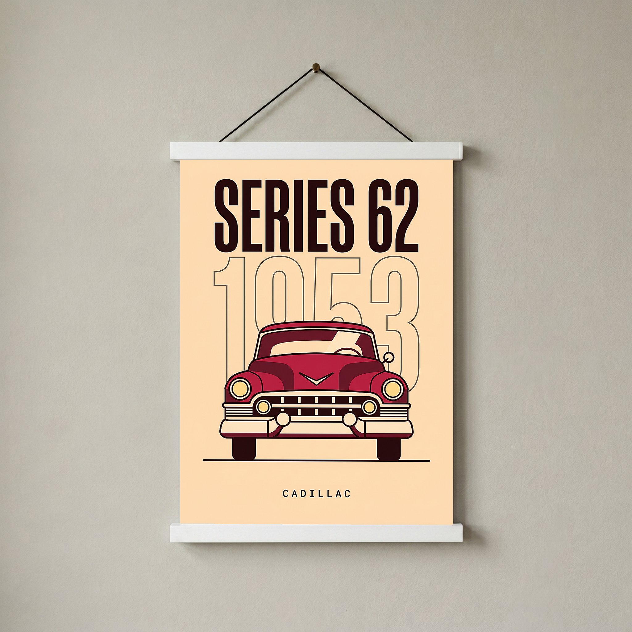 Cadillac Series 62 1953 Minimalist Poster — Cream Classic Car Line Art