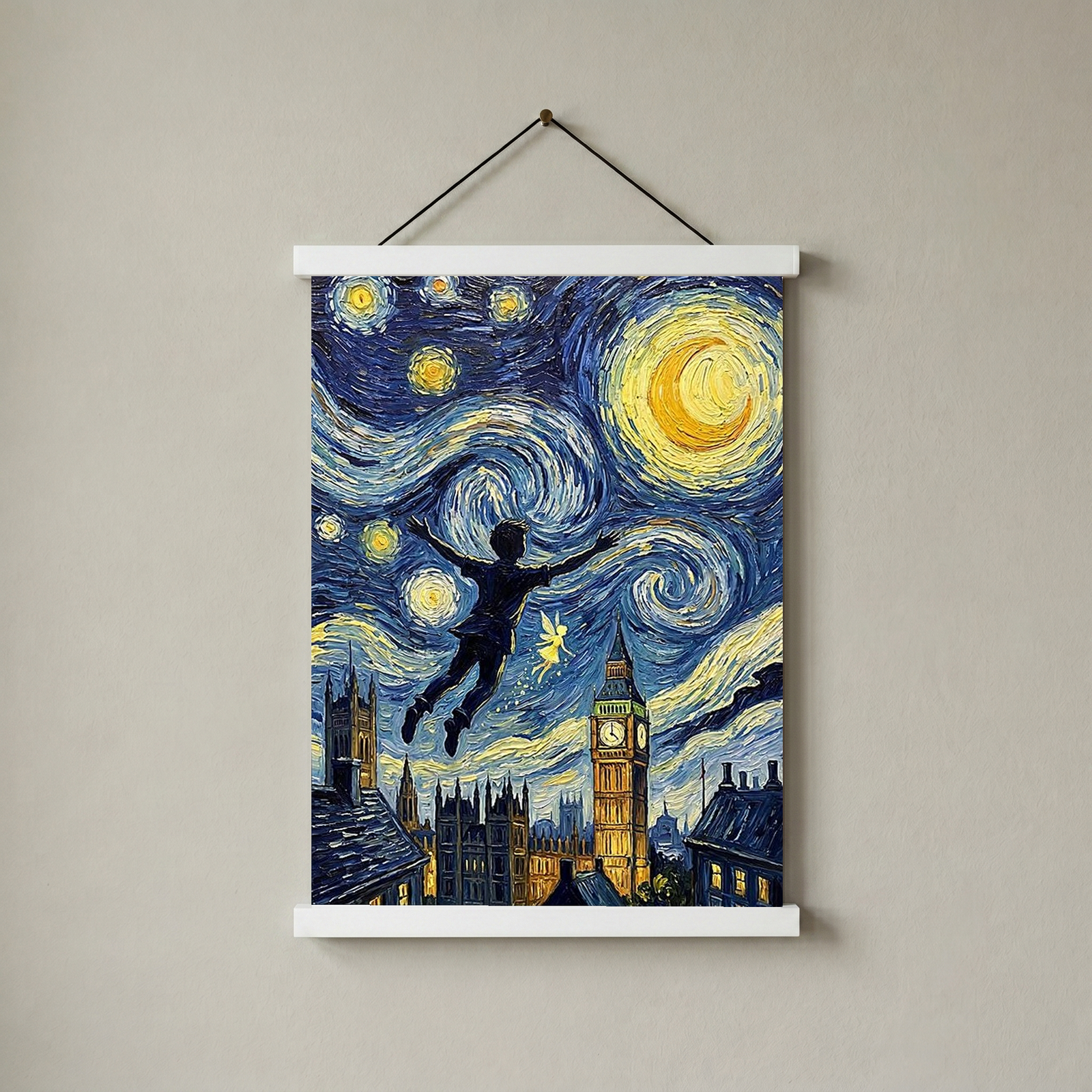 Peter Pan London Starry Night Print — Big Ben Van Gogh-Style Nursery Wall Art