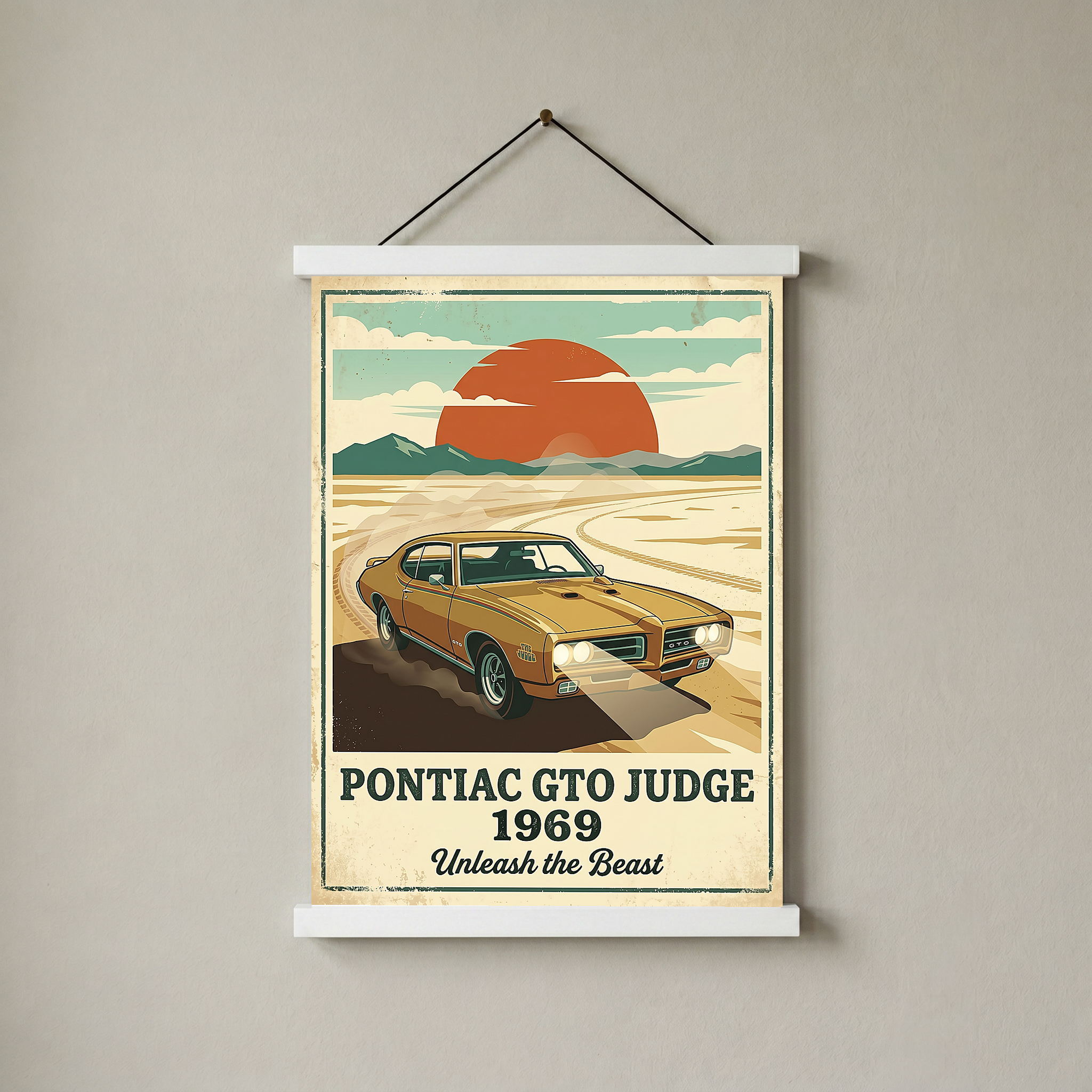 Pontiac GTO Judge 1969 V2 Poster — Vintage Muscle Car Desert Sunset Print