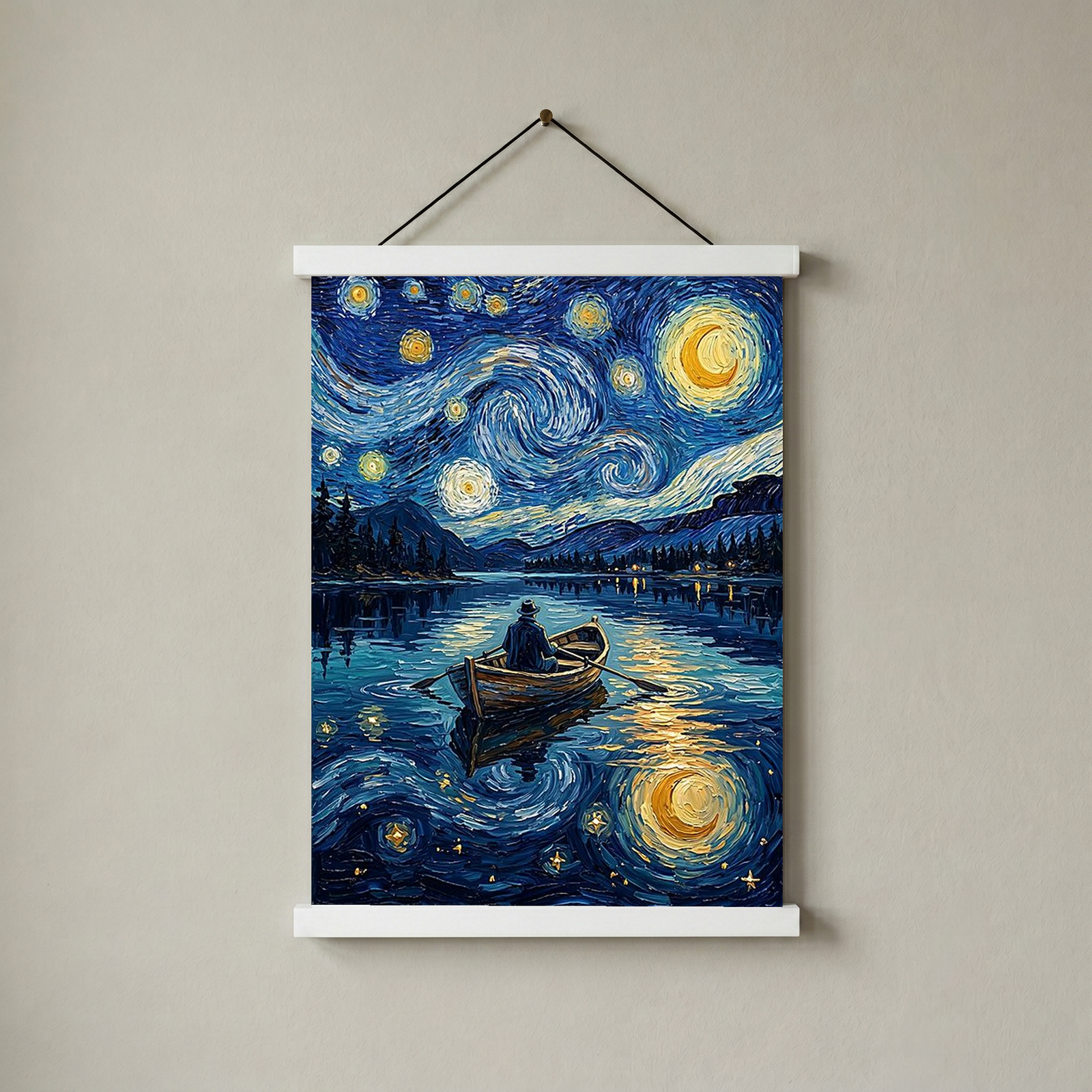 Moonlit Lake Rowboat Print — Van Gogh-Style Night Fishing Cabin Wall Art