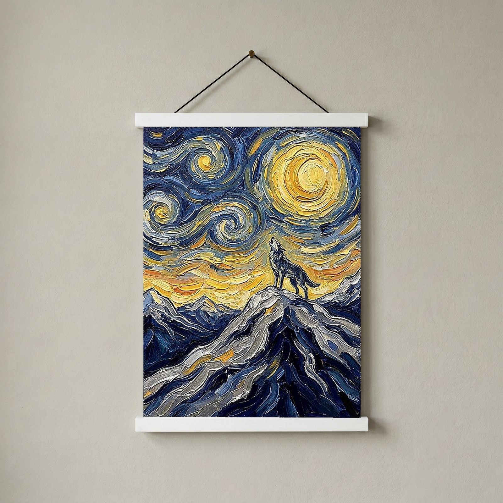 Lone Wolf Howling Mountain Peak Print — Van Gogh Starry Night Wall Art