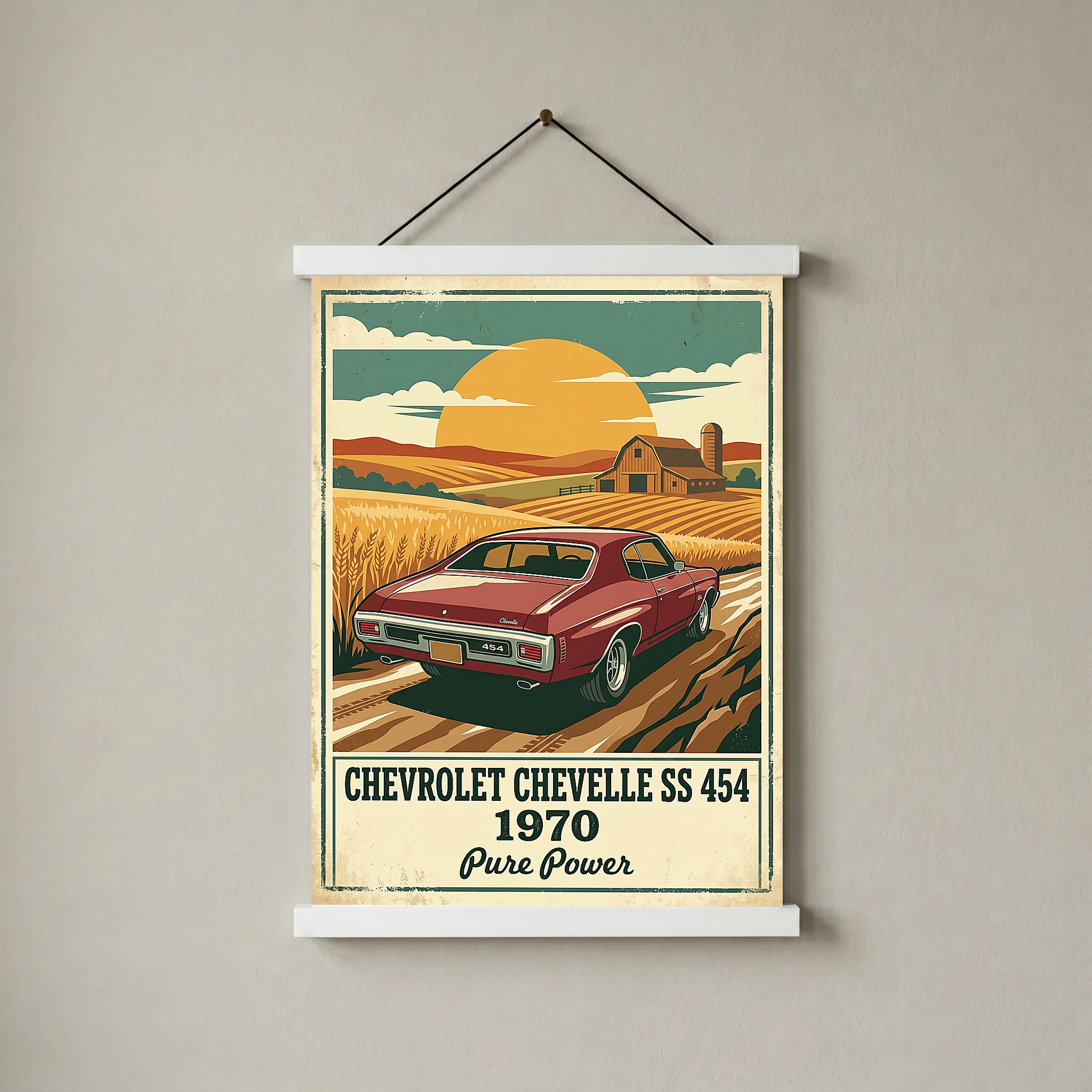 Chevrolet Chevelle SS 454 1970 V3 Poster — Vintage Muscle Car Wheat Field Barn Print