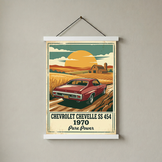 Chevrolet Chevelle SS 454 1970 V3 Poster — Vintage Muscle Car Wheat Field Barn Print