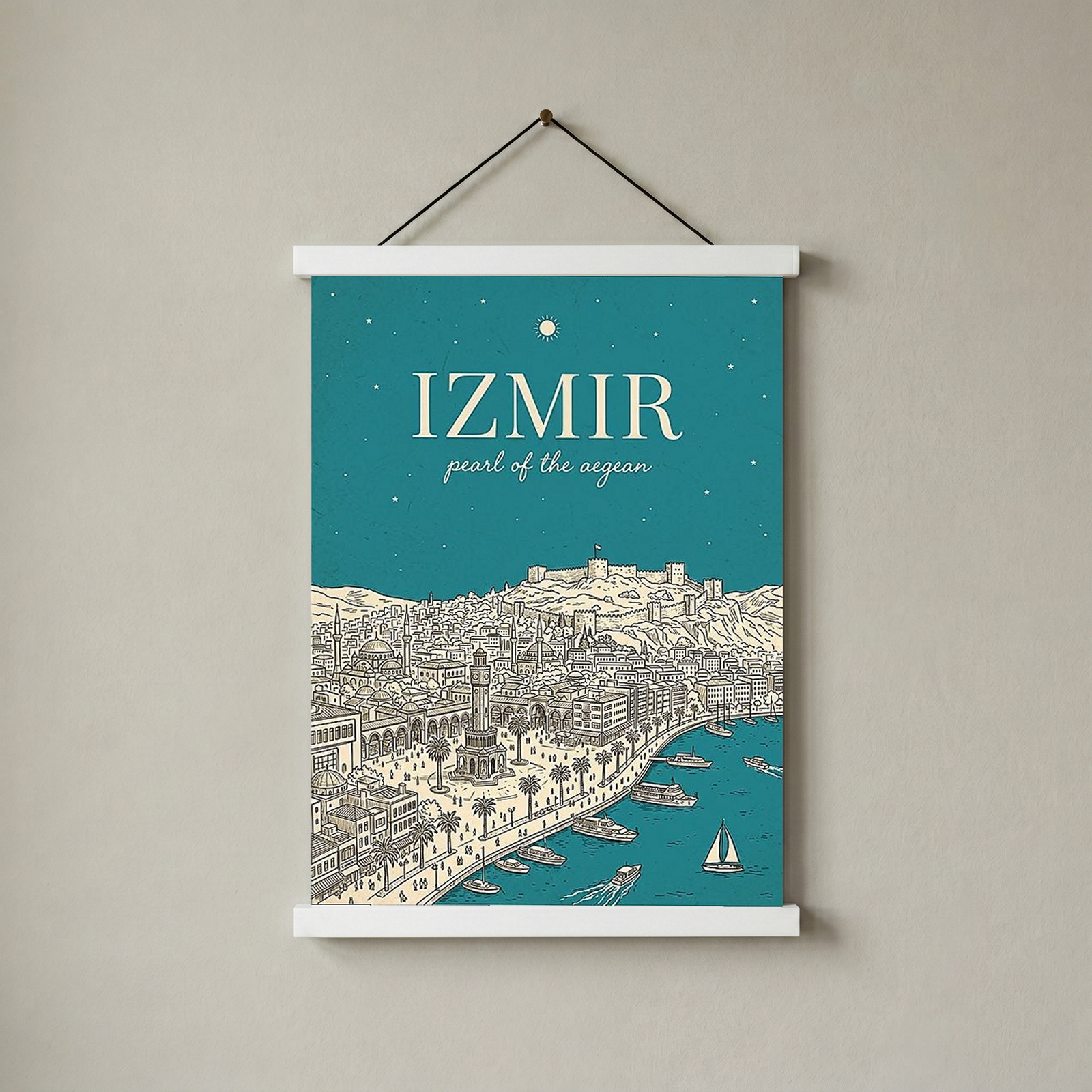 İzmir Line Art Print — Teal Clock Tower Kadifekale Aegean Coast Wall Art