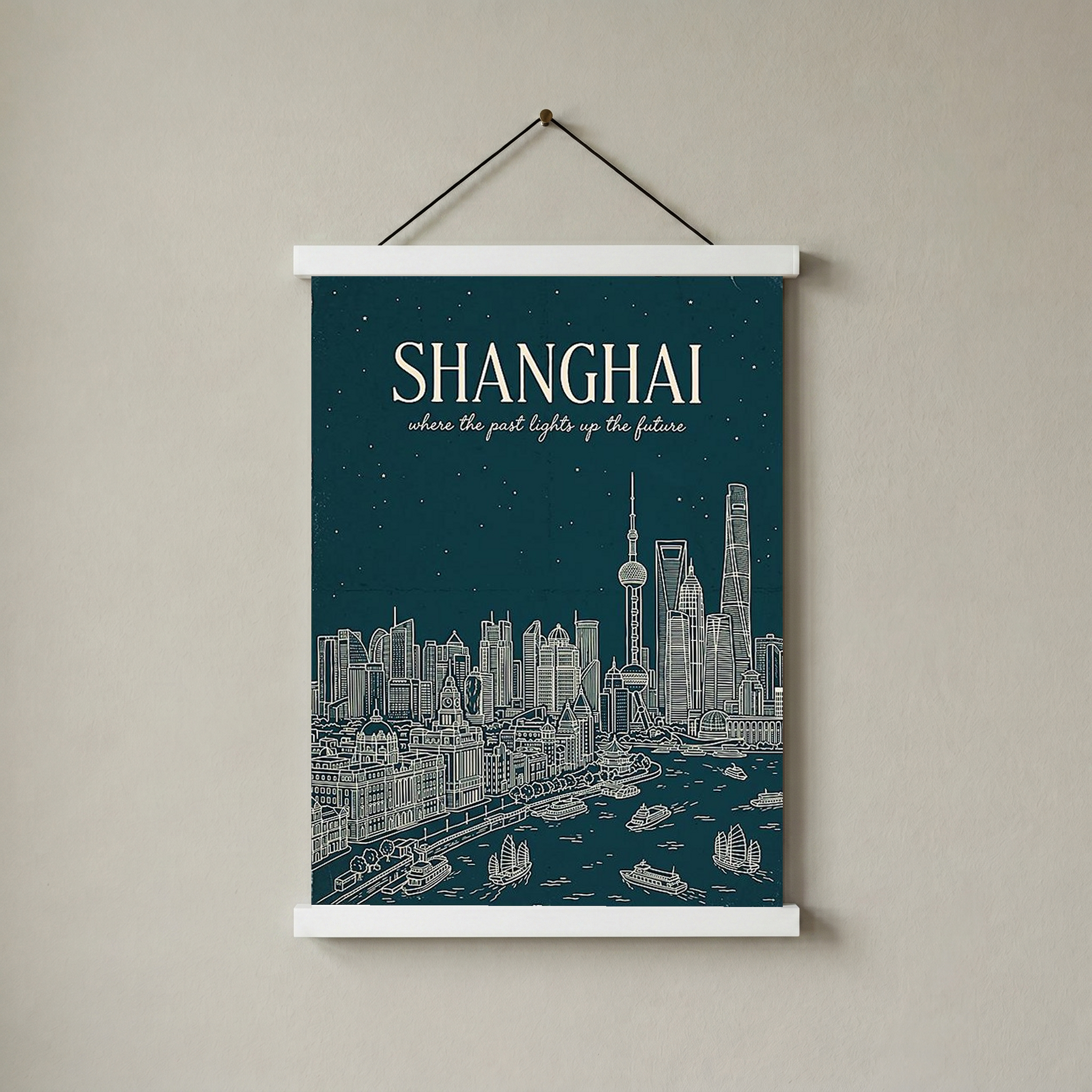 Shanghai Line Art Print — Teal Oriental Pearl Tower The Bund Skyline Wall Art